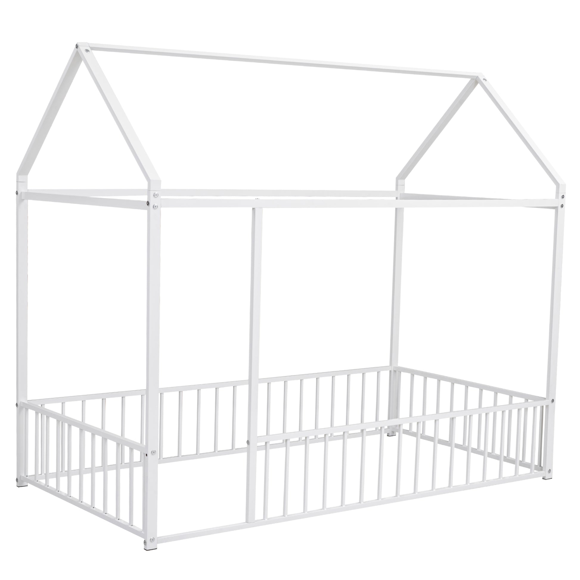 Twin Size Metal Bed House Bed Frame With Fence, For Kids, Teens, Girls, Boys, White Twin White Metal