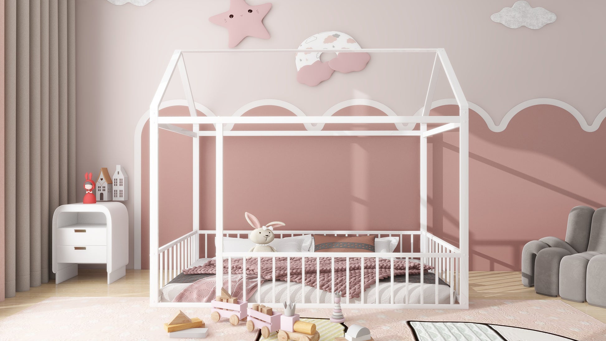 Twin Size Metal Bed House Bed Frame With Fence, For Kids, Teens, Girls, Boys, White Twin White Metal