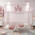 Twin Size Metal Bed House Bed Frame With Fence, For Kids, Teens, Girls, Boys, Pink Twin Pink Metal