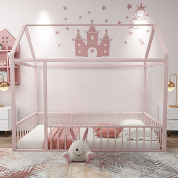 Twin Size Metal Bed House Bed Frame With Fence, For Kids, Teens, Girls, Boys, Pink Twin Pink Metal