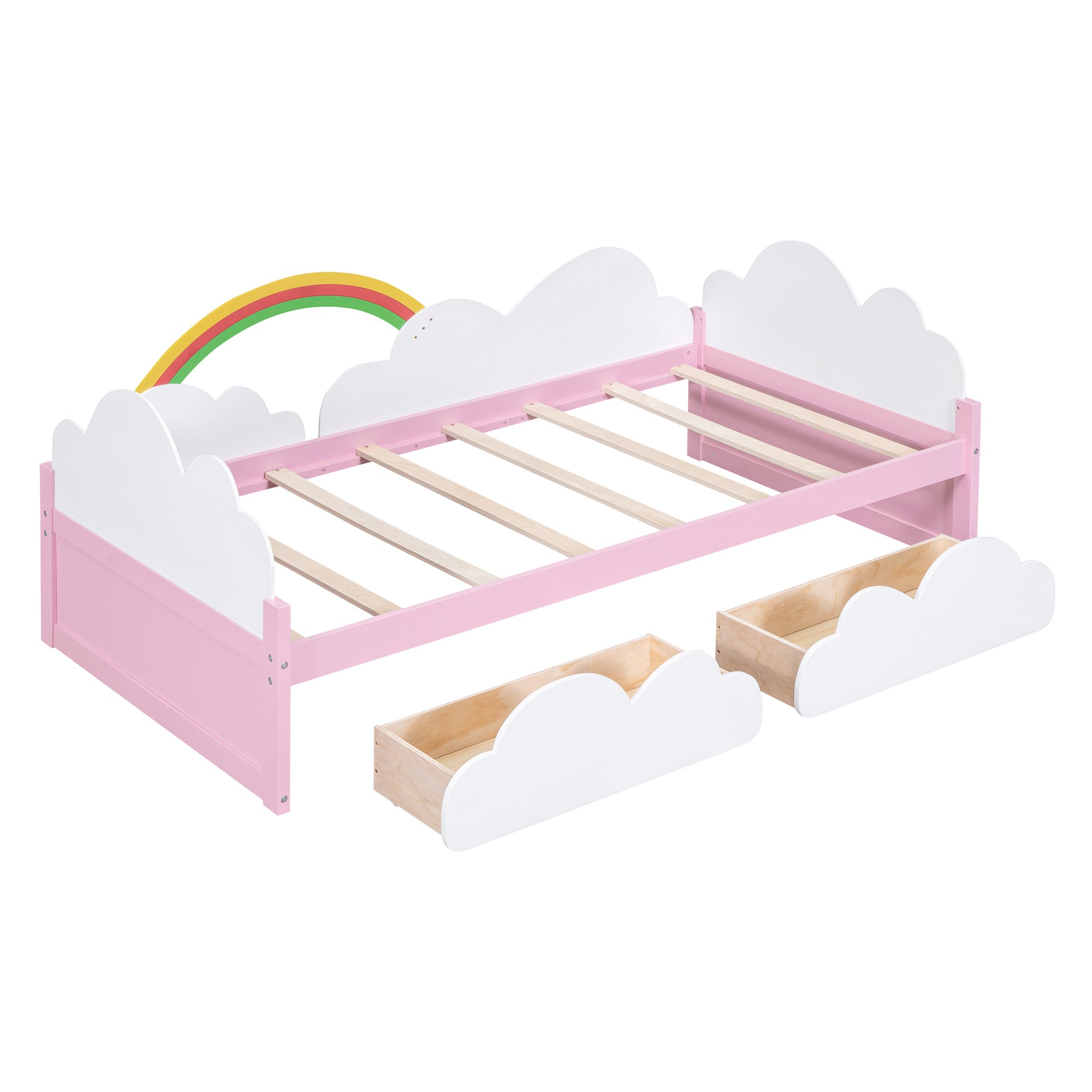 Twin Size Bed With Clouds And Rainbow Decor Pink White Plywood