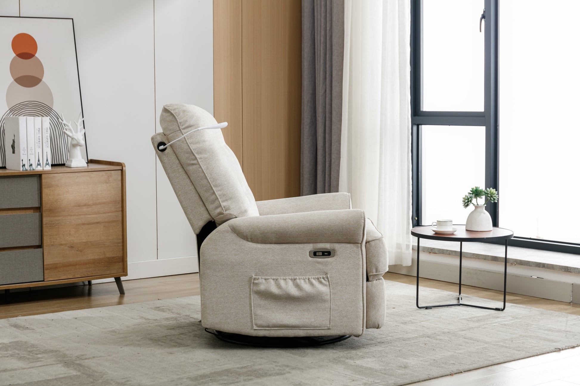 Reclining Chair 270 Degree Swivel Recliner Chairs With Usb Port, Side Pocket And Touch Sensitive Lamp For Living Room, Bedroom, Cream Cream Linen