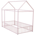 Twin Size Metal Bed House Bed Frame With Fence, For Kids, Teens, Girls, Boys, Pink Twin Pink Metal