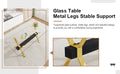 1 Table And 8 Chairs. Modern Simple Luxury Tempered Glass Rectangular Dining Table And Desk With 8 Black Pu Gold Plated Leg Chairs 79''X39''X30'' Transparent Glass