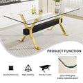 1 Table And 8 Chairs. Modern Simple Luxury Tempered Glass Rectangular Dining Table And Desk With 8 Black Pu Gold Plated Leg Chairs 79''X39''X30'' Transparent Glass