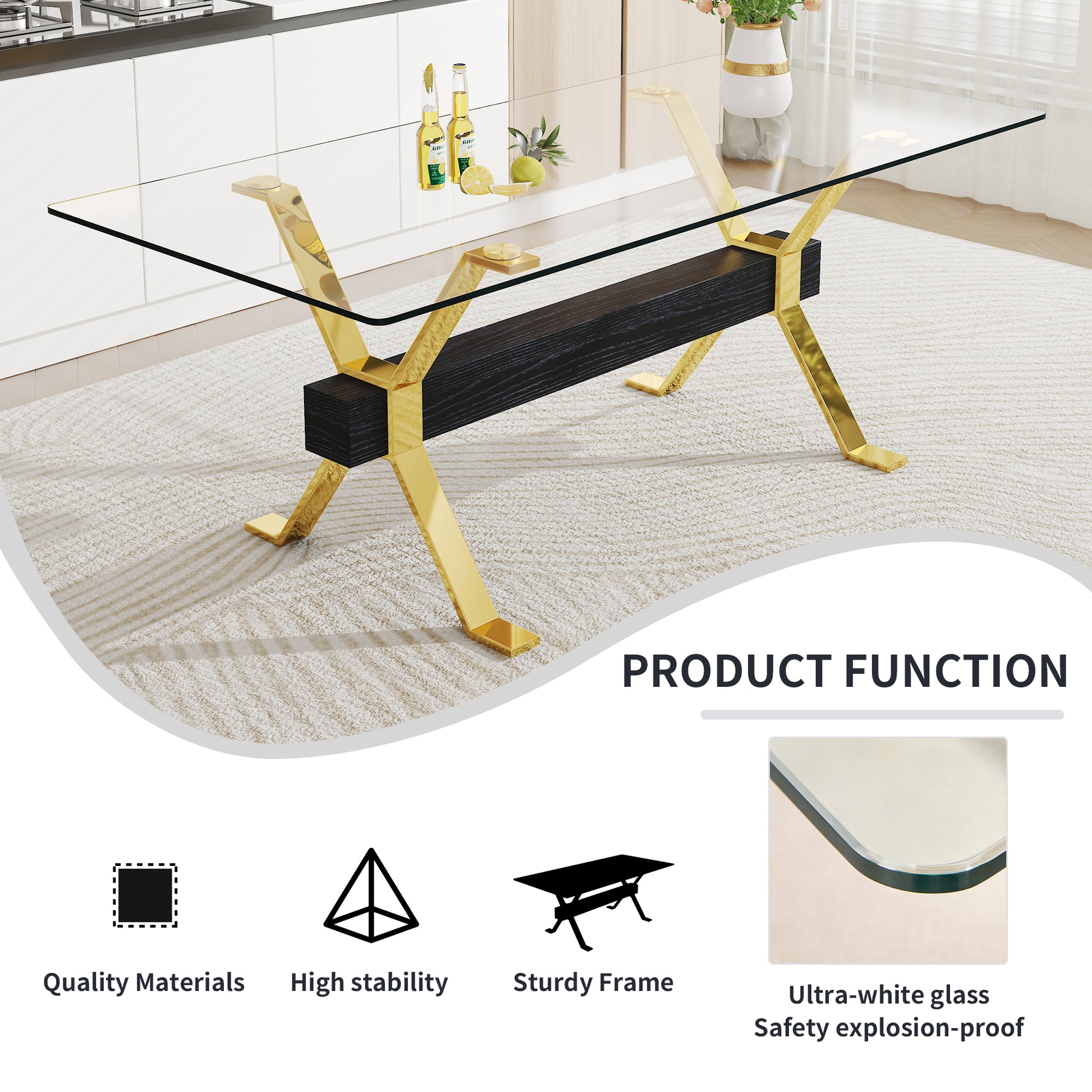 1 Table And 8 Chairs. Modern Simple Luxury Tempered Glass Rectangular Dining Table And Desk With 8 Black Pu Gold Plated Leg Chairs 79''X39''X30'' Transparent Glass