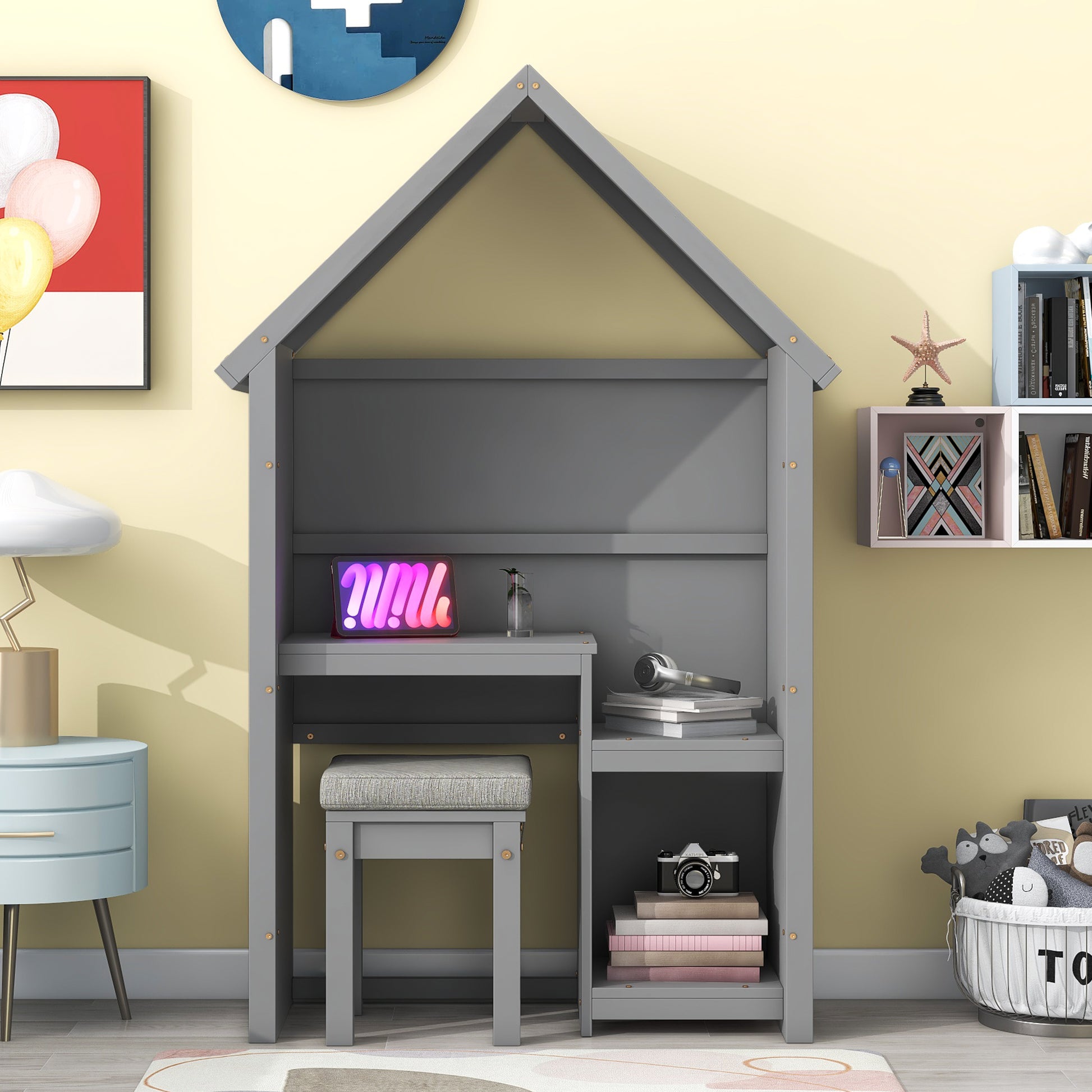 House Shaped Kids Desk With A Cushion Stool,House Style Desk And Stool Set,Grey Grey Bedroom American Design Pine Pine