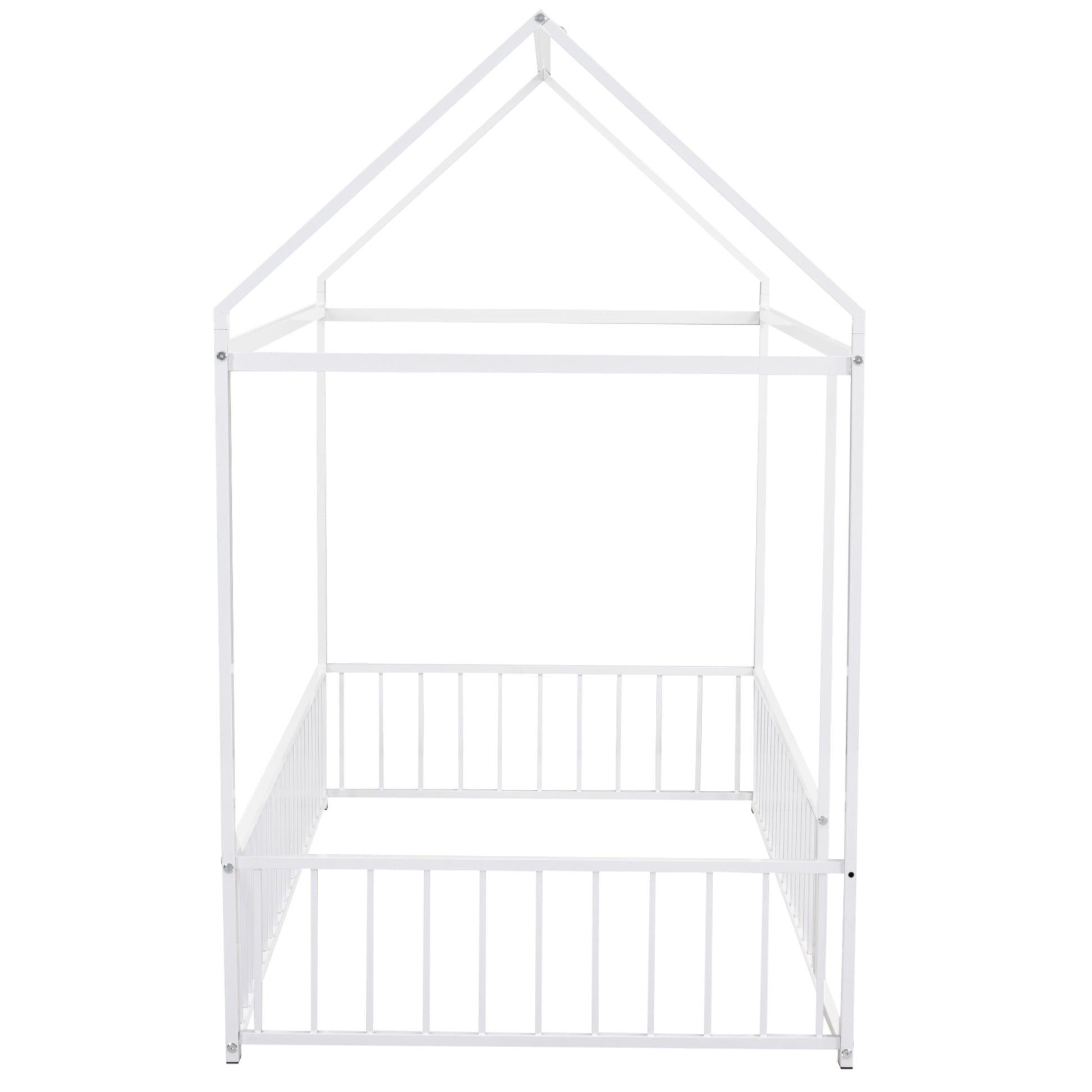 Twin Size Metal Bed House Bed Frame With Fence, For Kids, Teens, Girls, Boys, White Twin White Metal