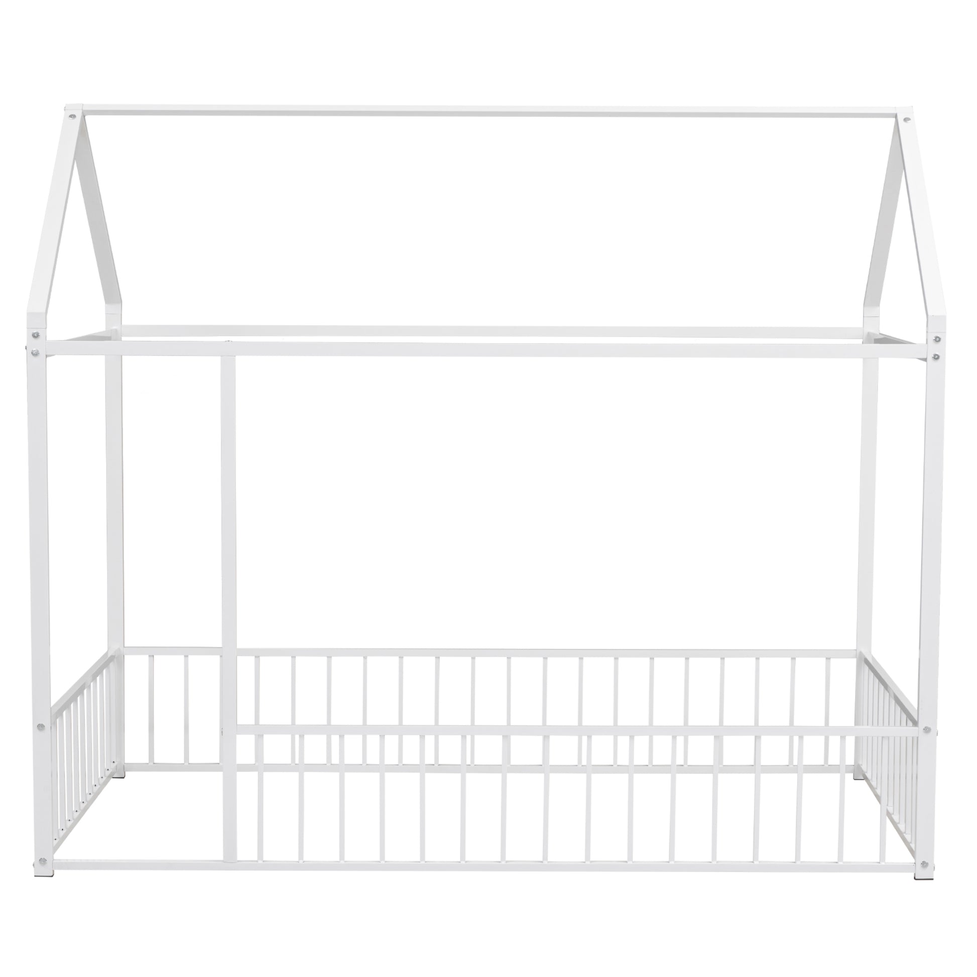 Twin Size Metal Bed House Bed Frame With Fence, For Kids, Teens, Girls, Boys, White Twin White Metal