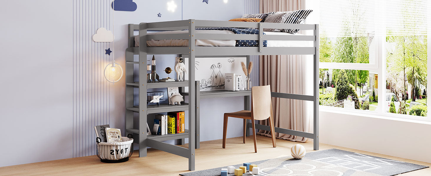 Full Size Wooden Loft Bed With Shelves, Desk And Writing Board Gray Full Gray Solid Wood Mdf