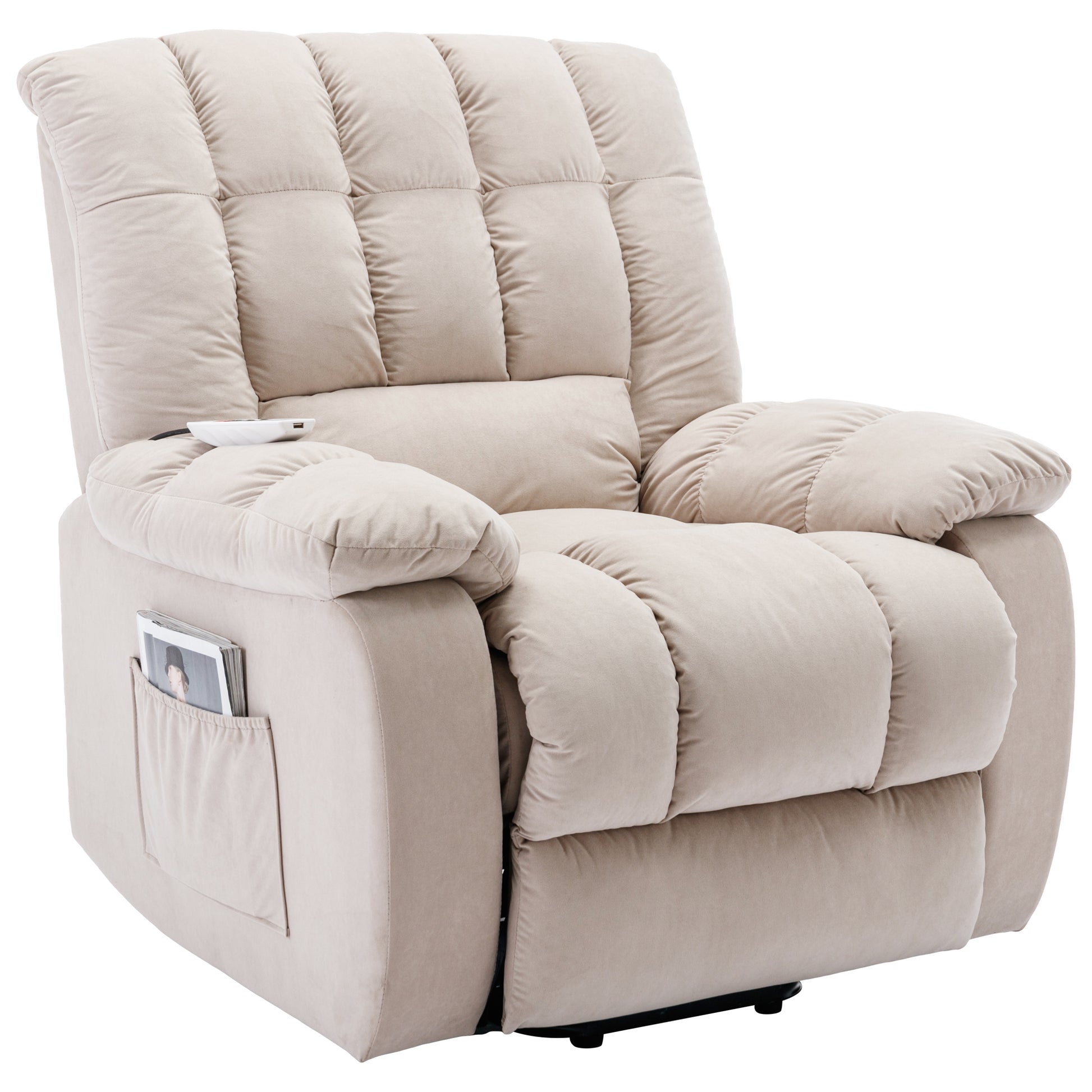 Massage Recliner Chair Electric Power Lift Recliner Chairs With Heat, Vibration, Side Pocket For Living Room Bedroom, Beige Beige Velvet