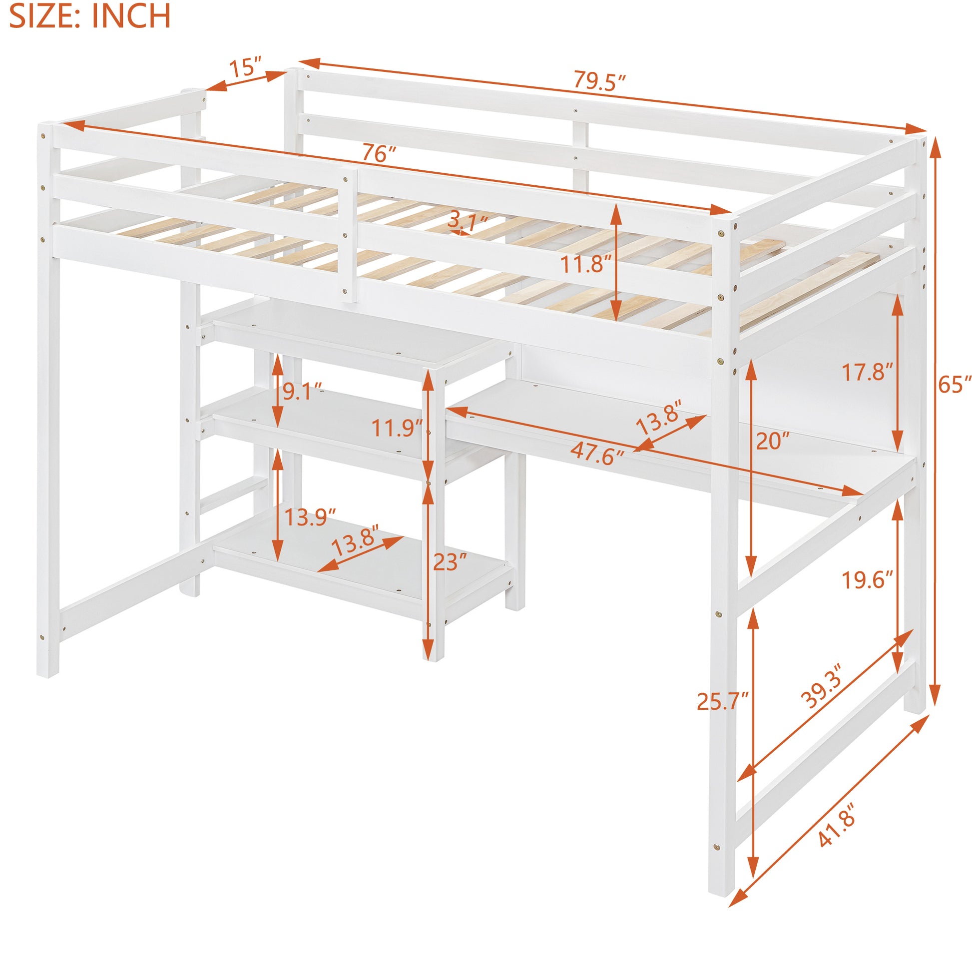 Twin Size Wooden Loft Bed With Shelves, Desk And Writing Board White White Solid Wood Mdf