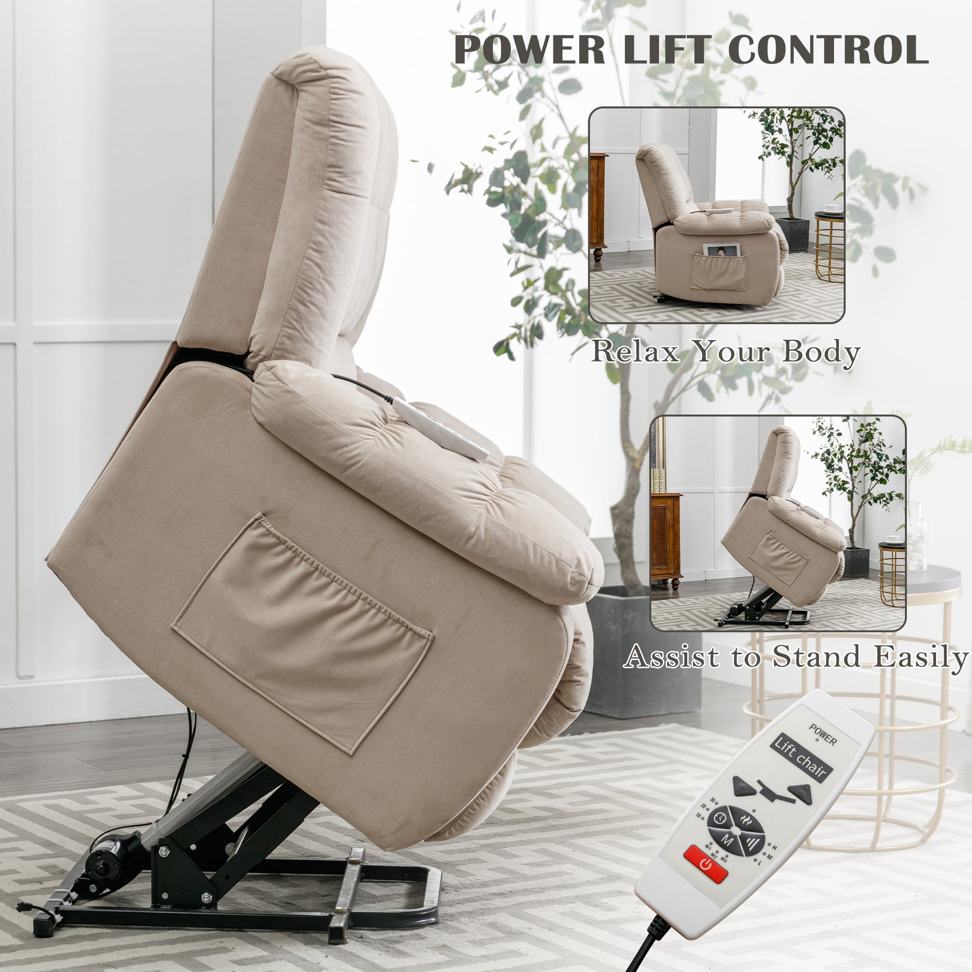 Massage Recliner Chair Electric Power Lift Recliner Chairs With Heat, Vibration, Side Pocket For Living Room Bedroom, Beige Beige Velvet