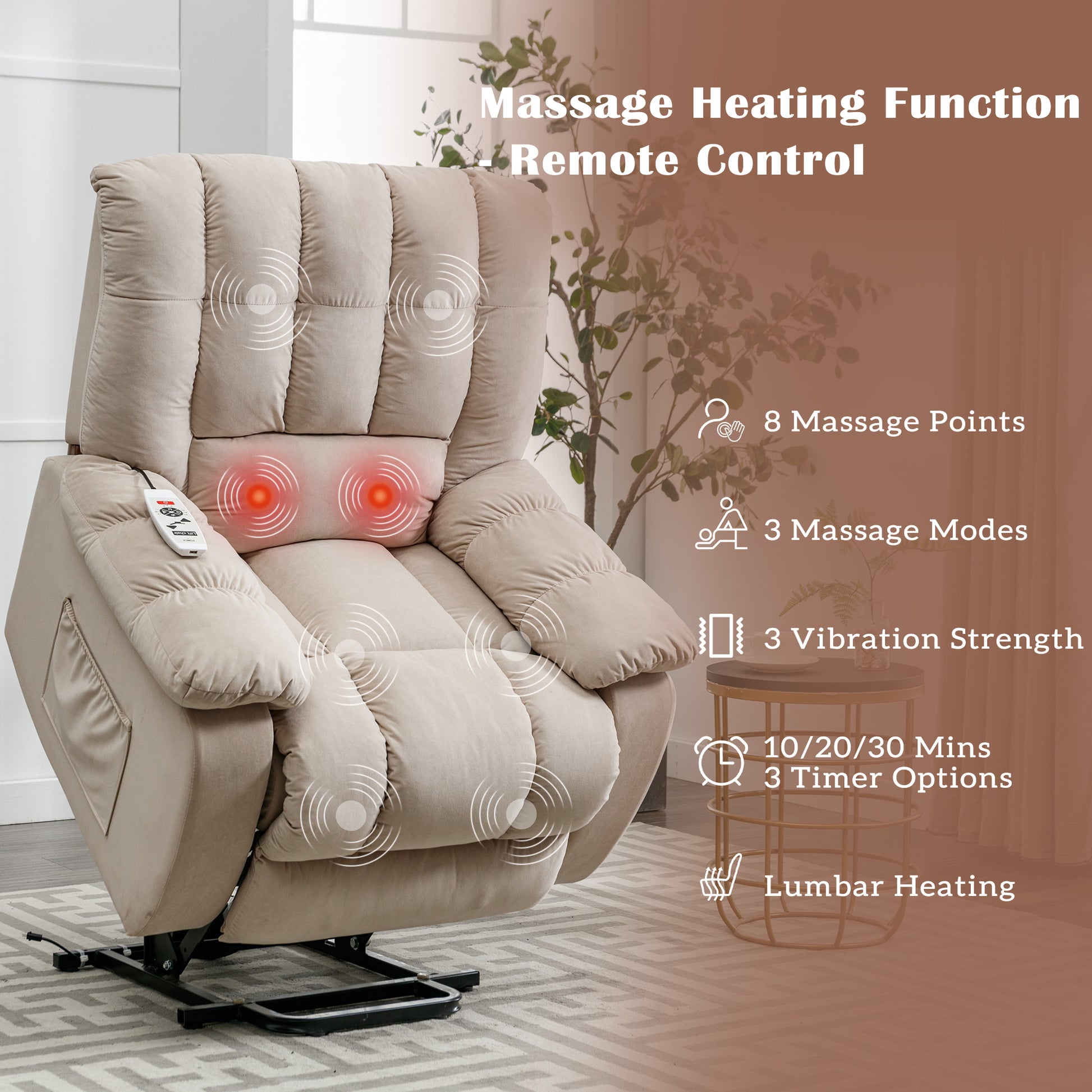 Massage Recliner Chair Electric Power Lift Recliner Chairs With Heat, Vibration, Side Pocket For Living Room Bedroom, Beige Beige Velvet