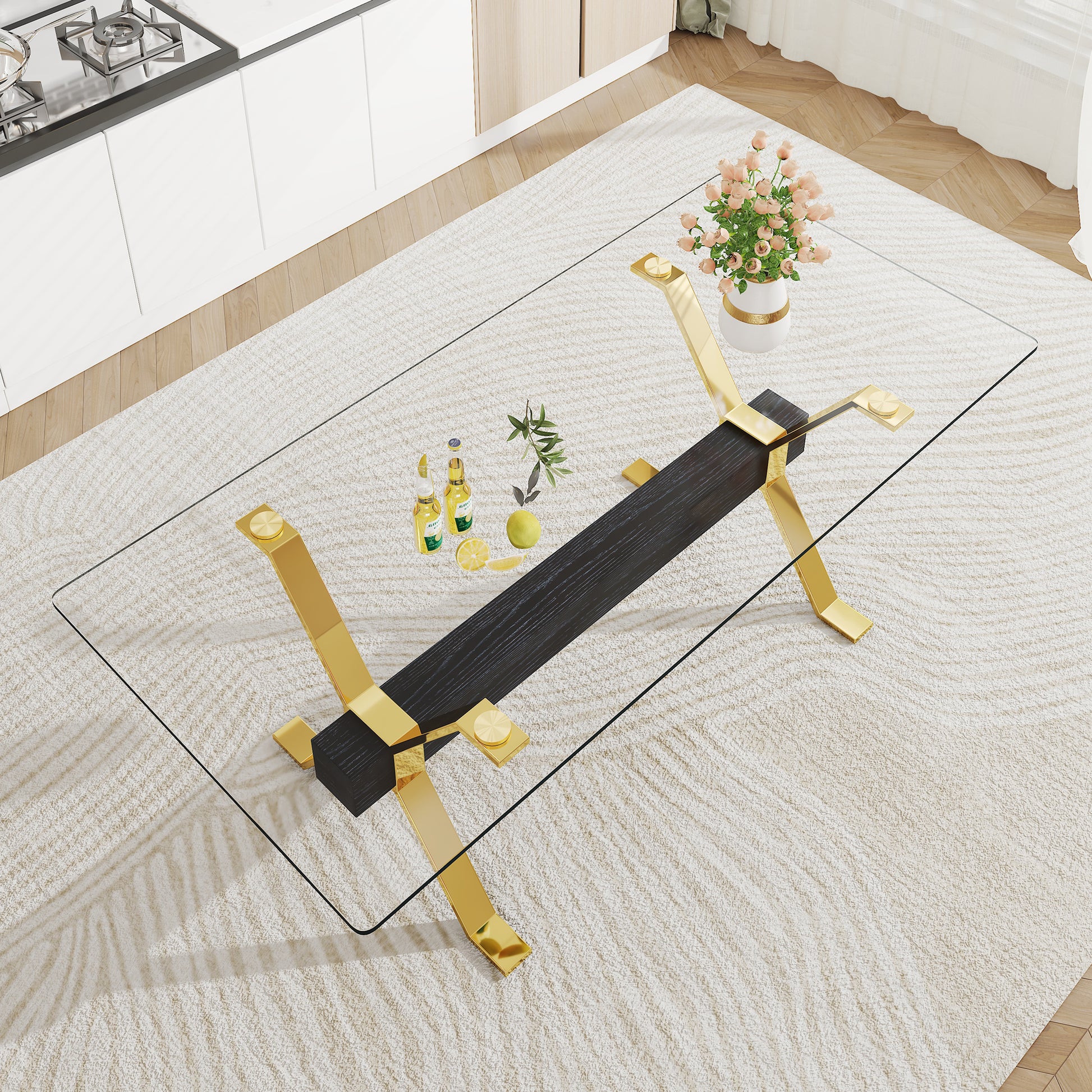 1 Table And 8 Chairs. Modern Simple Luxury Tempered Glass Rectangular Dining Table And Desk With 8 Black Pu Gold Plated Leg Chairs 79''X39''X30'' Transparent Glass