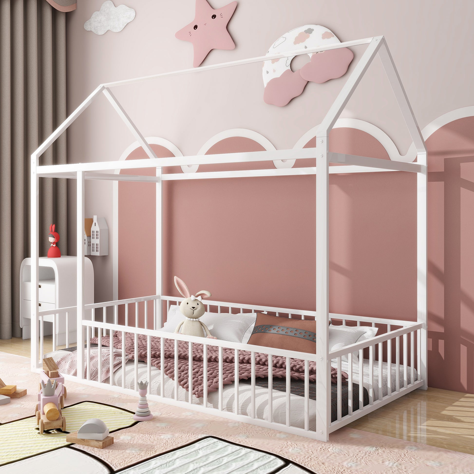 Twin Size Metal Bed House Bed Frame With Fence, For Kids, Teens, Girls, Boys, White Twin White Metal