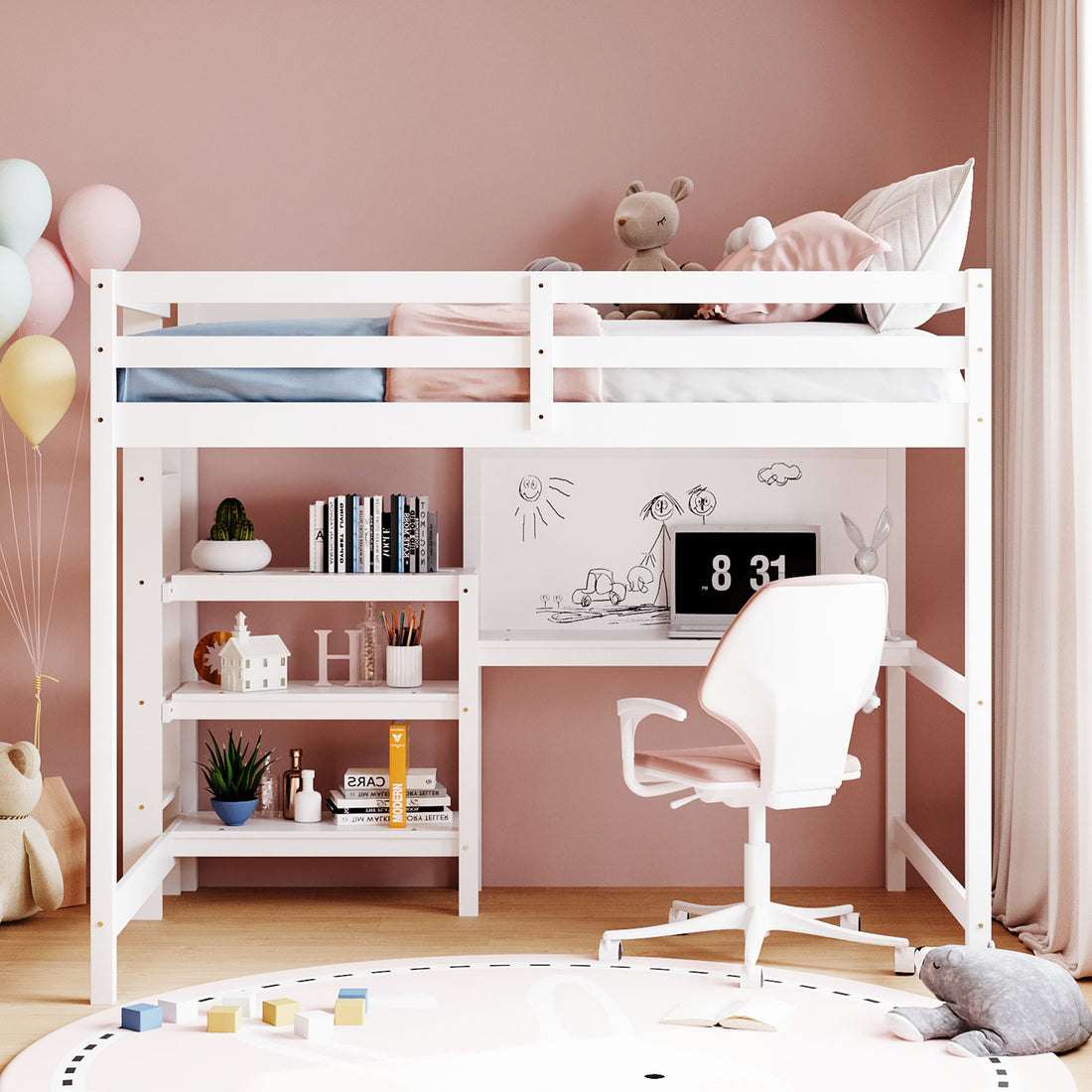 Full Size Wooden Loft Bed With Shelves, Desk And Writing Board White Full White Solid Wood Mdf