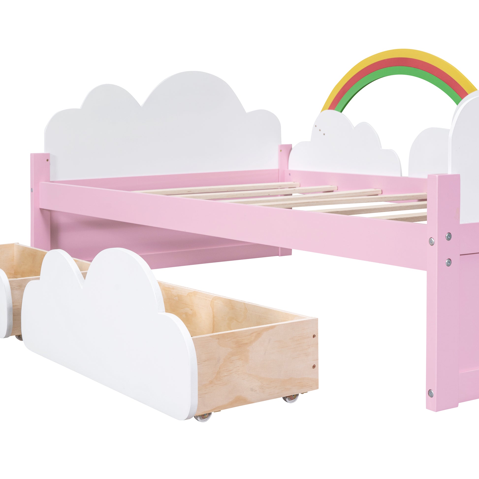 Twin Size Bed With Clouds And Rainbow Decor Pink White Plywood