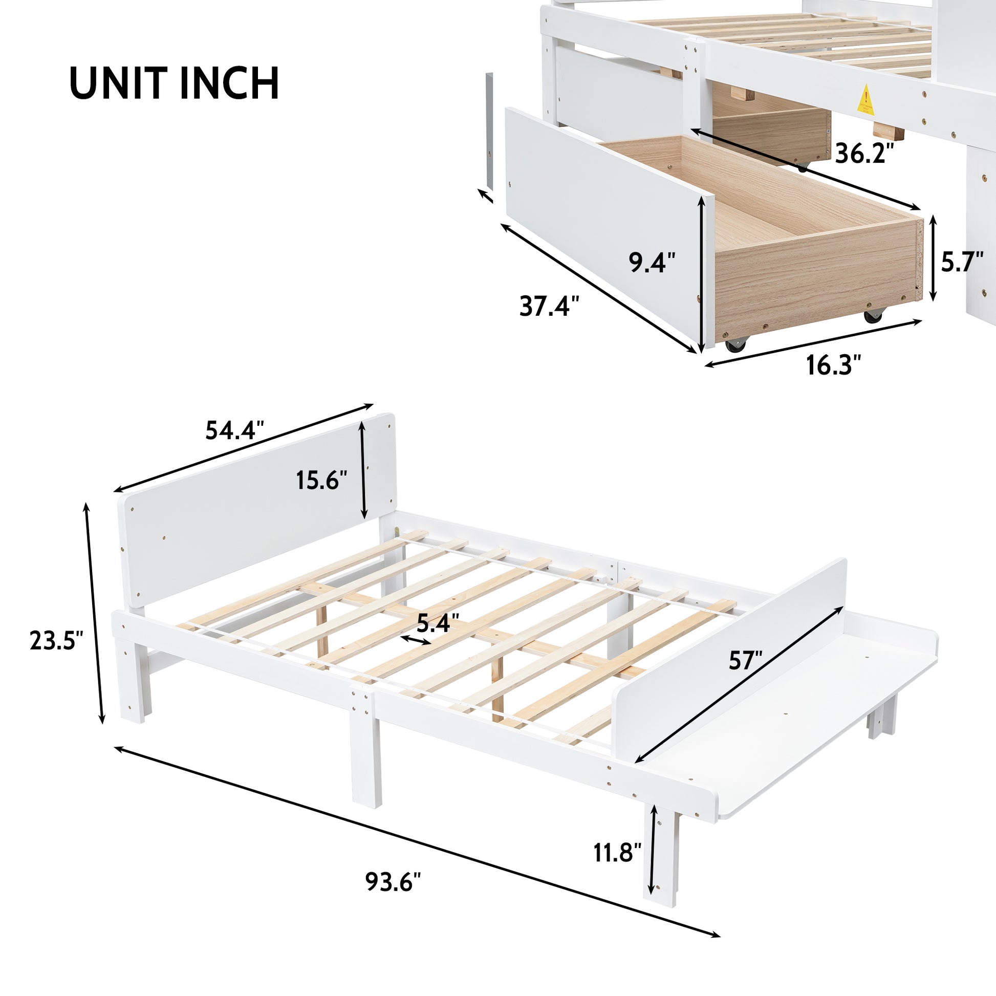 Full Bed With Footboard Bench,2 Drawers,White Full White Wood Bedroom American Design Pine Pine