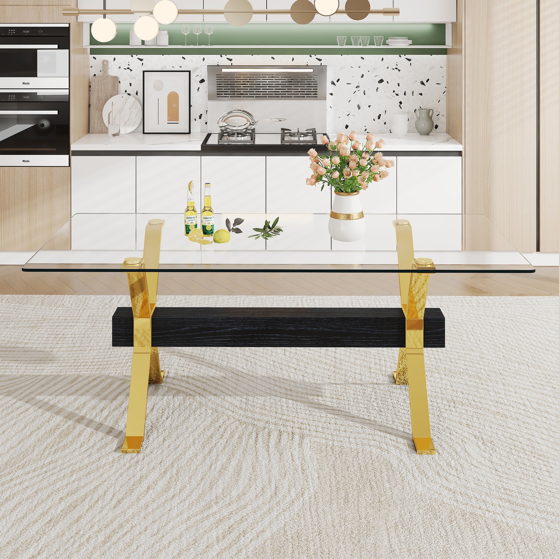 1 Table And 8 Chairs. Modern Simple Luxury Tempered Glass Rectangular Dining Table And Desk With 8 Black Pu Gold Plated Leg Chairs 79''X39''X30'' Transparent Glass