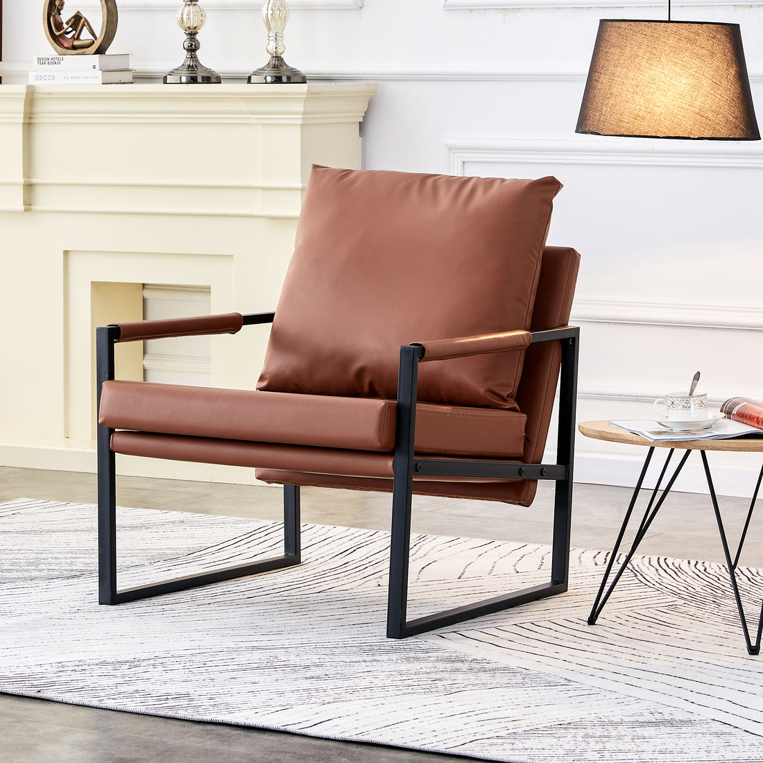 Pu Leather Accent Arm Chair Modern Upholstered Armchair With Metal Frame Extra Thick Padded Backrest And Seat Cushion Sofa Chairs For Living Room Brown Pu Leather Metal Frame Foam Sf 008 Brown Foam Pu