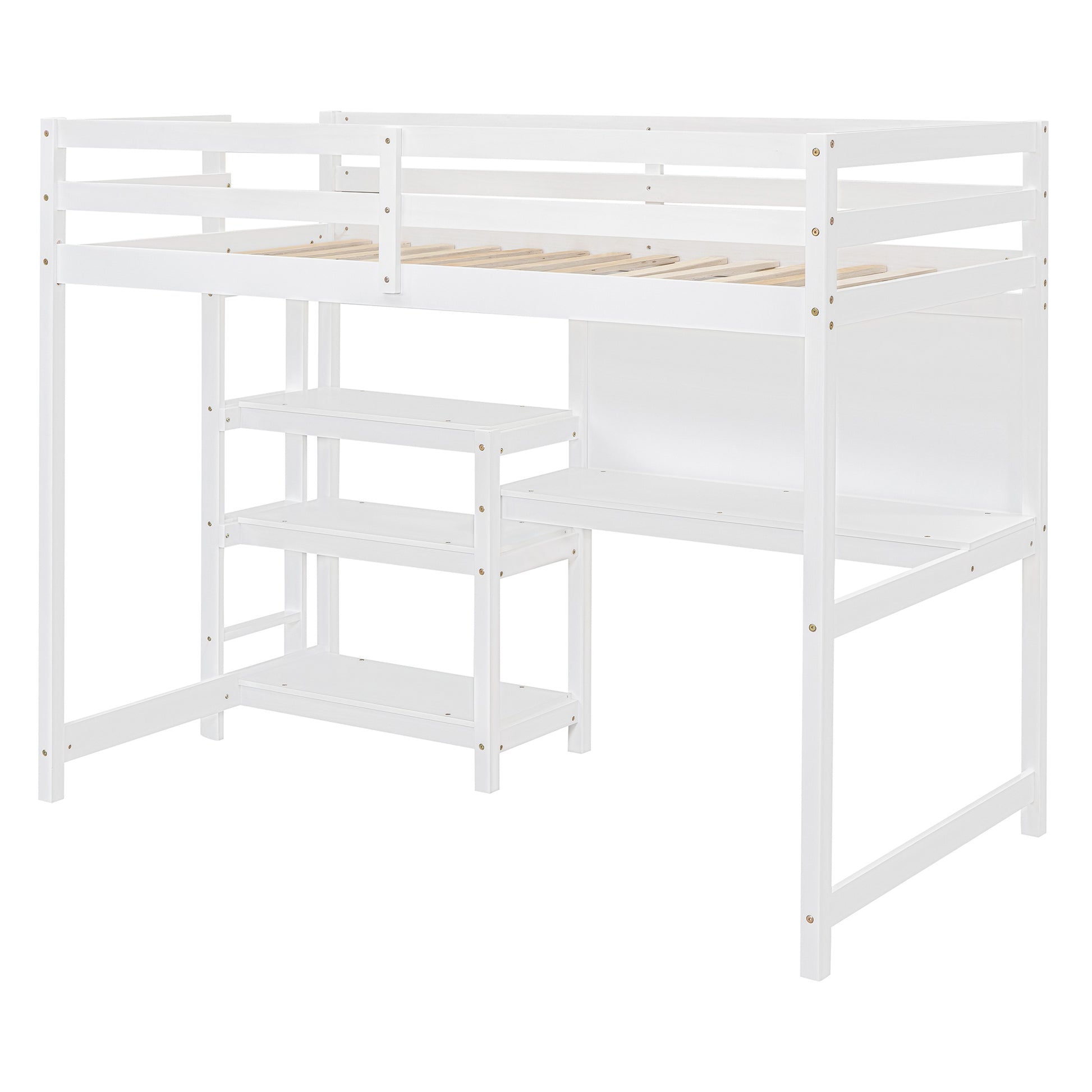 Twin Size Wooden Loft Bed With Shelves, Desk And Writing Board White White Solid Wood Mdf