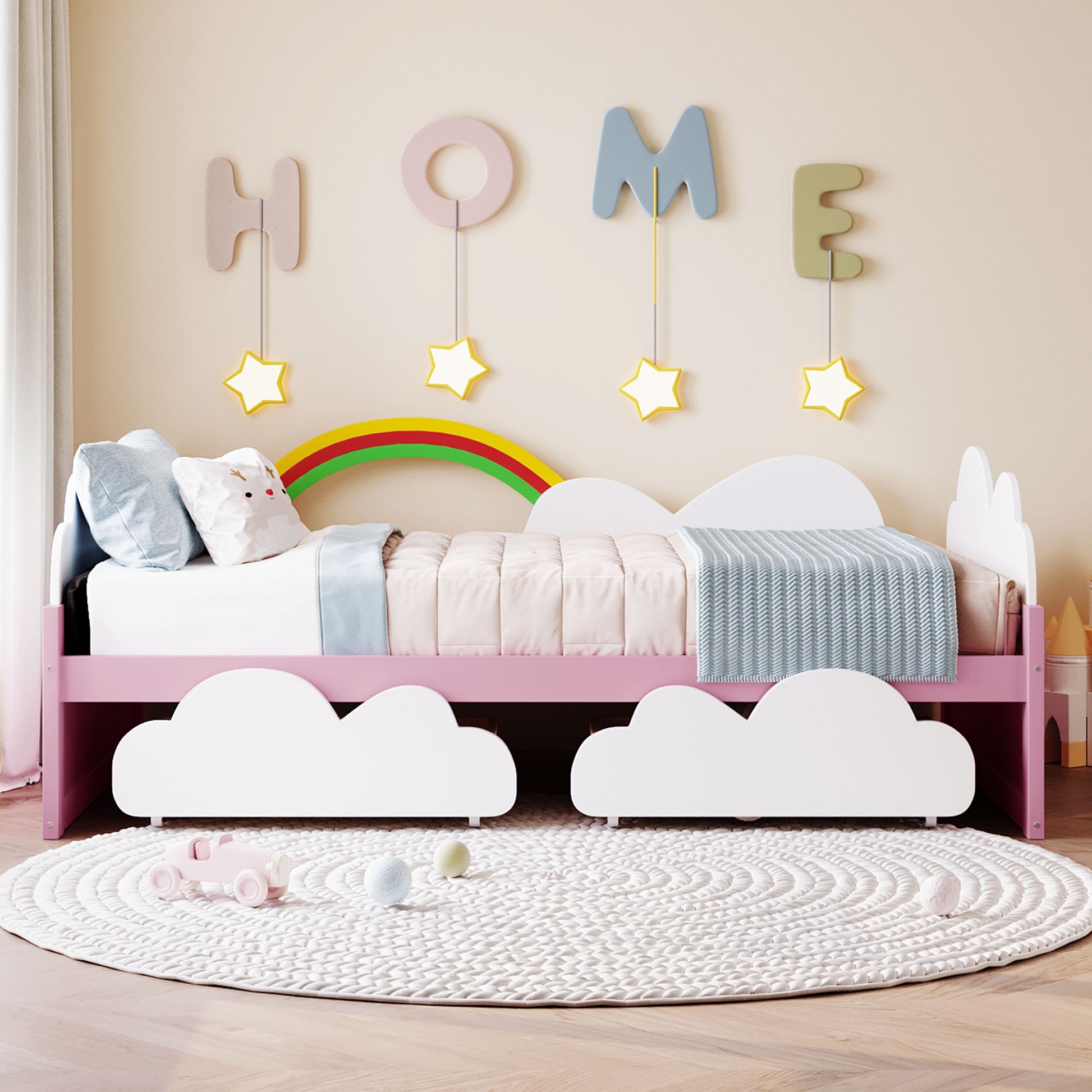 Twin Size Bed With Clouds And Rainbow Decor Pink White Plywood