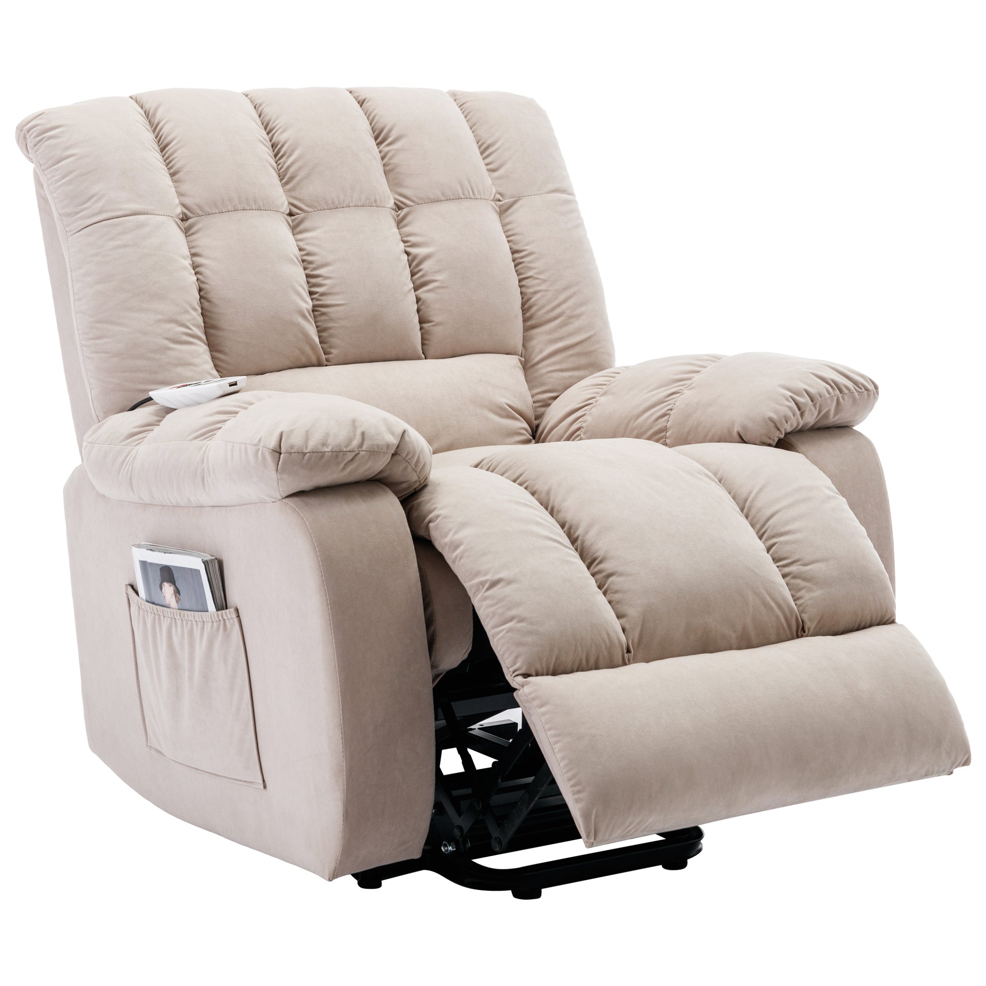 Massage Recliner Chair Electric Power Lift Recliner Chairs With Heat, Vibration, Side Pocket For Living Room Bedroom, Beige Beige Velvet