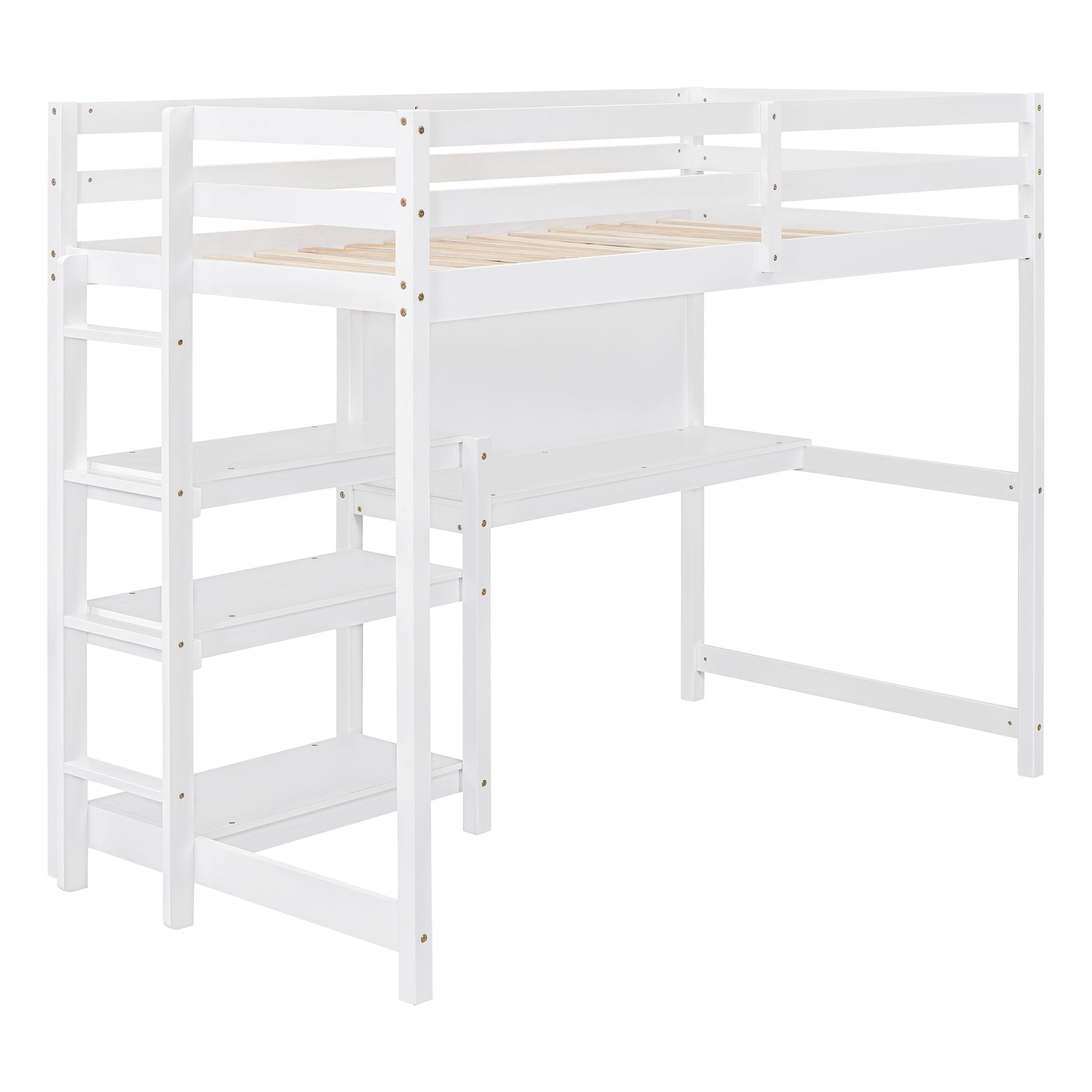 Twin Size Wooden Loft Bed With Shelves, Desk And Writing Board White White Solid Wood Mdf