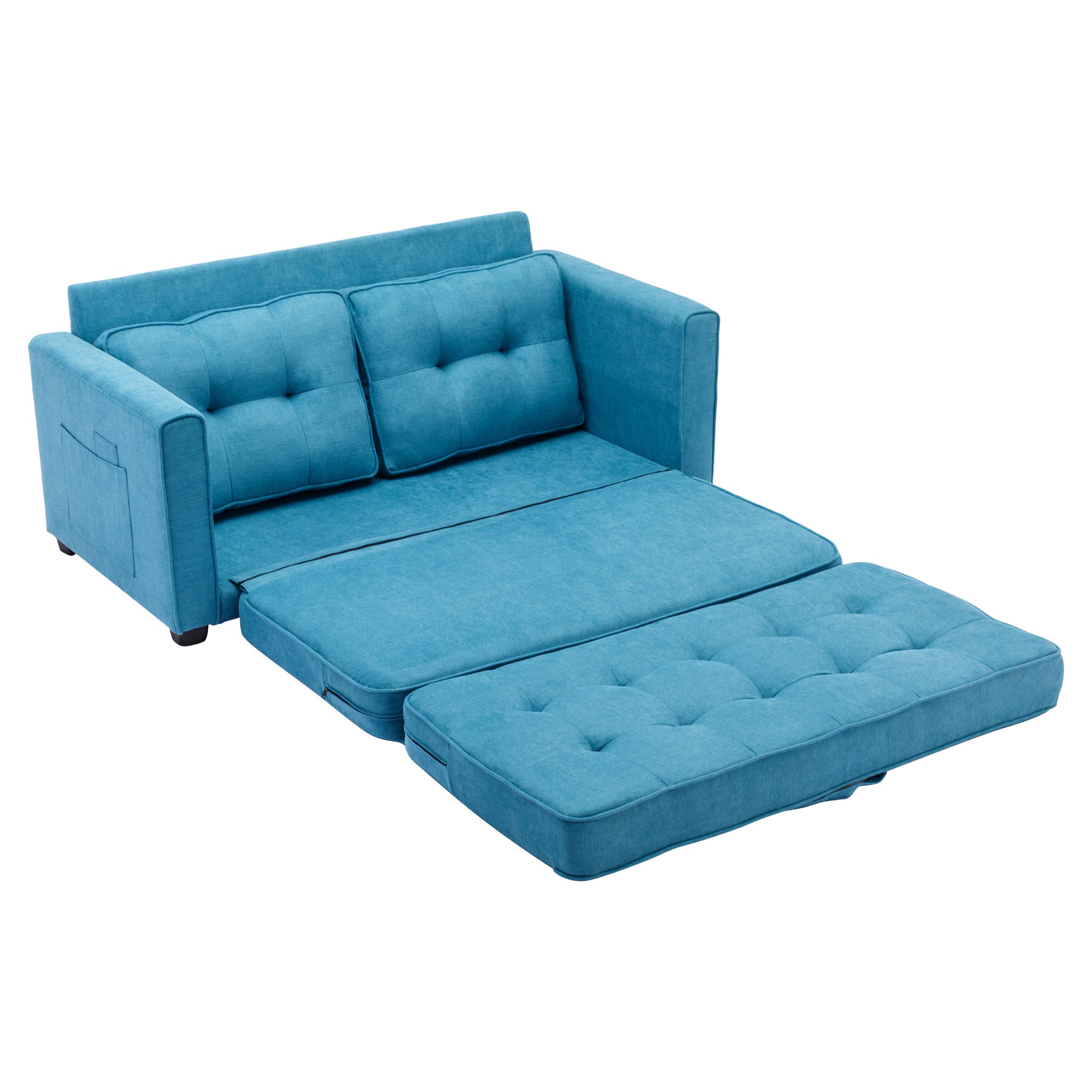 59.4" Loveseat Sofa With Pull Out Bed Modern Upholstered Couch With Side Pocket For Living Room Office, Blue Blue Chenille