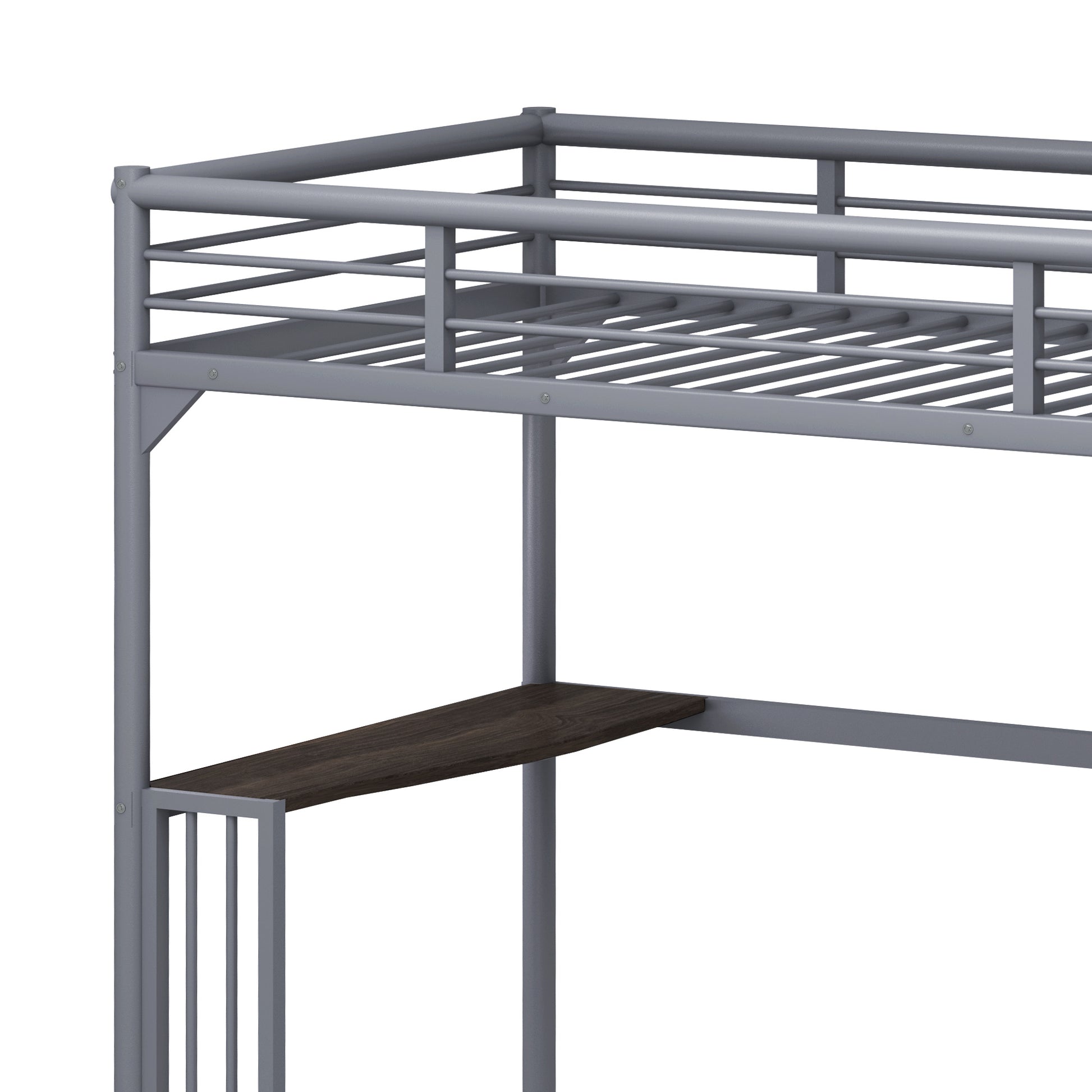 Twin Metal Loft Bed With Desk, Ladder And Guardrails, Bookdesk Under Bed, Silver Silver Metal