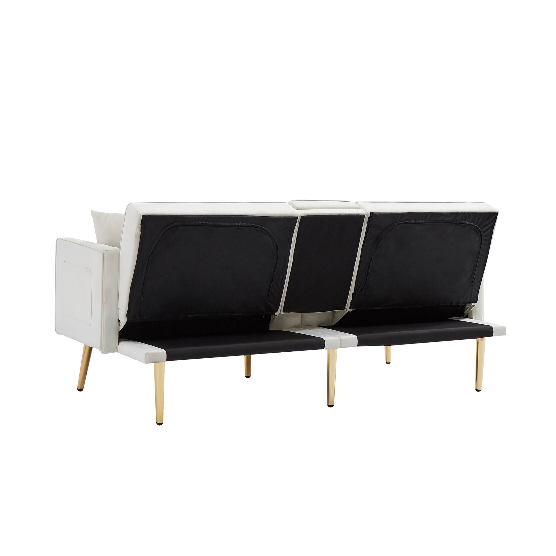 Cream White Velvet Futon Sofa Bed With Gold Metal Legs Cream White Velvet Wood Tufted Back Eucalyptus Square Arms Foam Velvet 2 Seat
