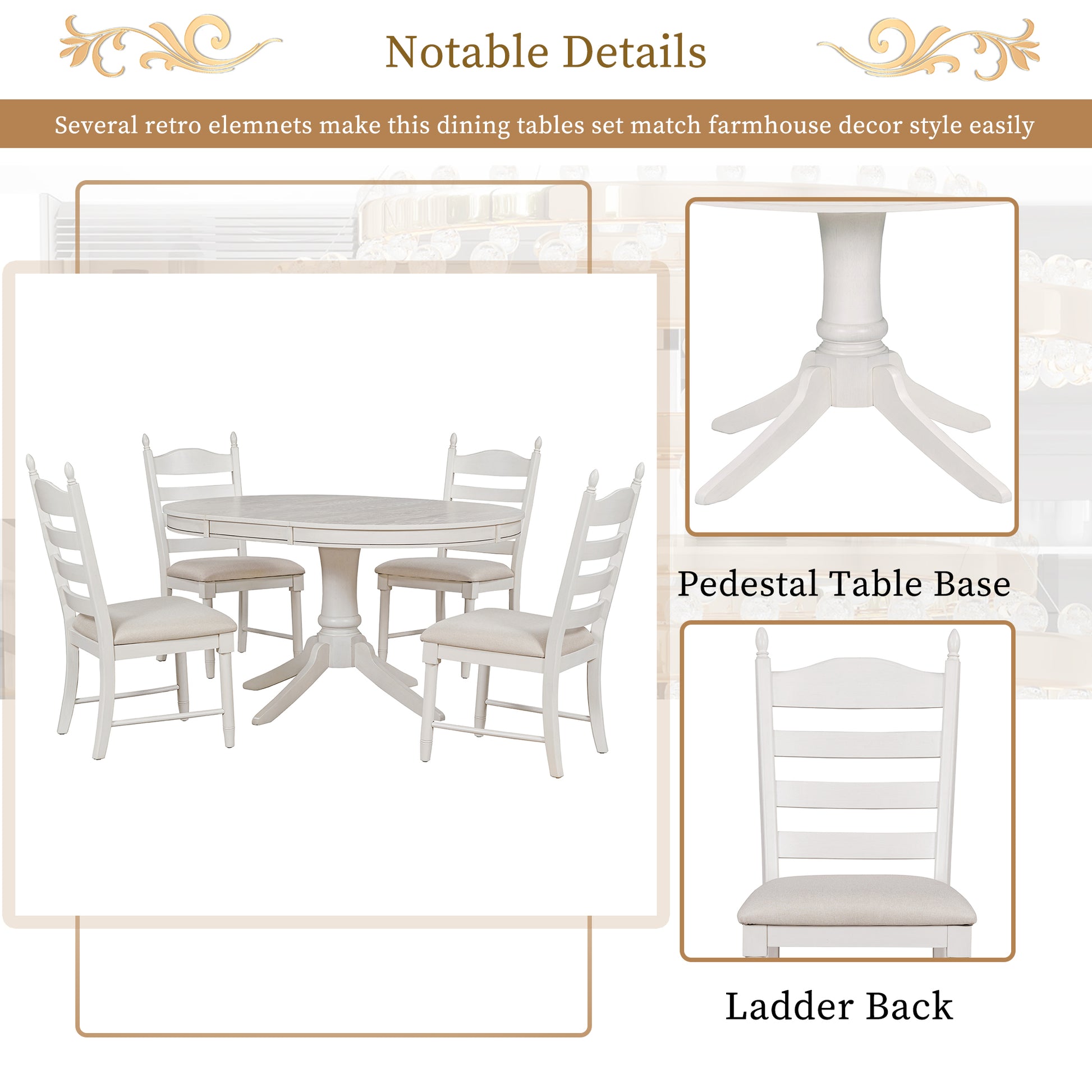 5 Piece Retro Functional Dining Table Set Wood Round Extendable Dining Table And 4 Upholstered Dining Chairs Antique White Antique White Solid Wood