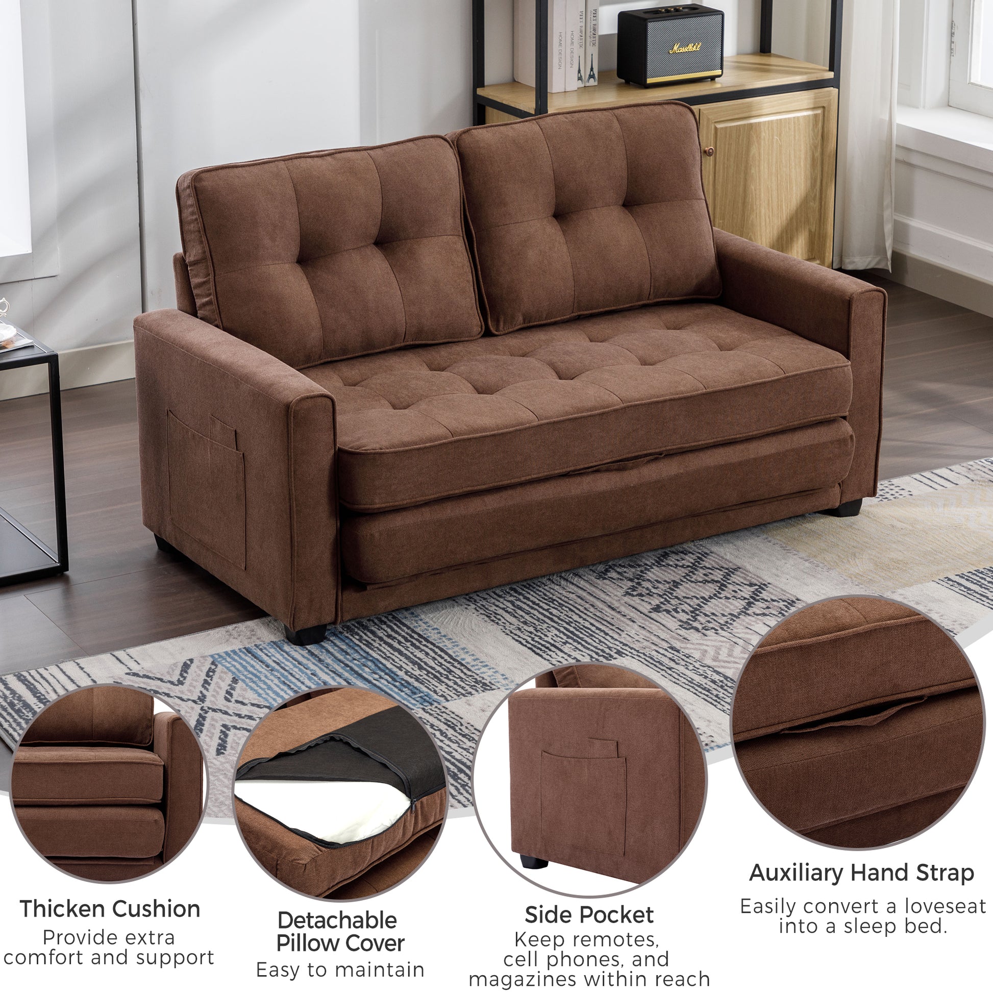 59.4" Loveseat Sofa With Pull Out Bed Modern Upholstered Couch With Side Pocket For Living Room Office, Brown Brown Chenille