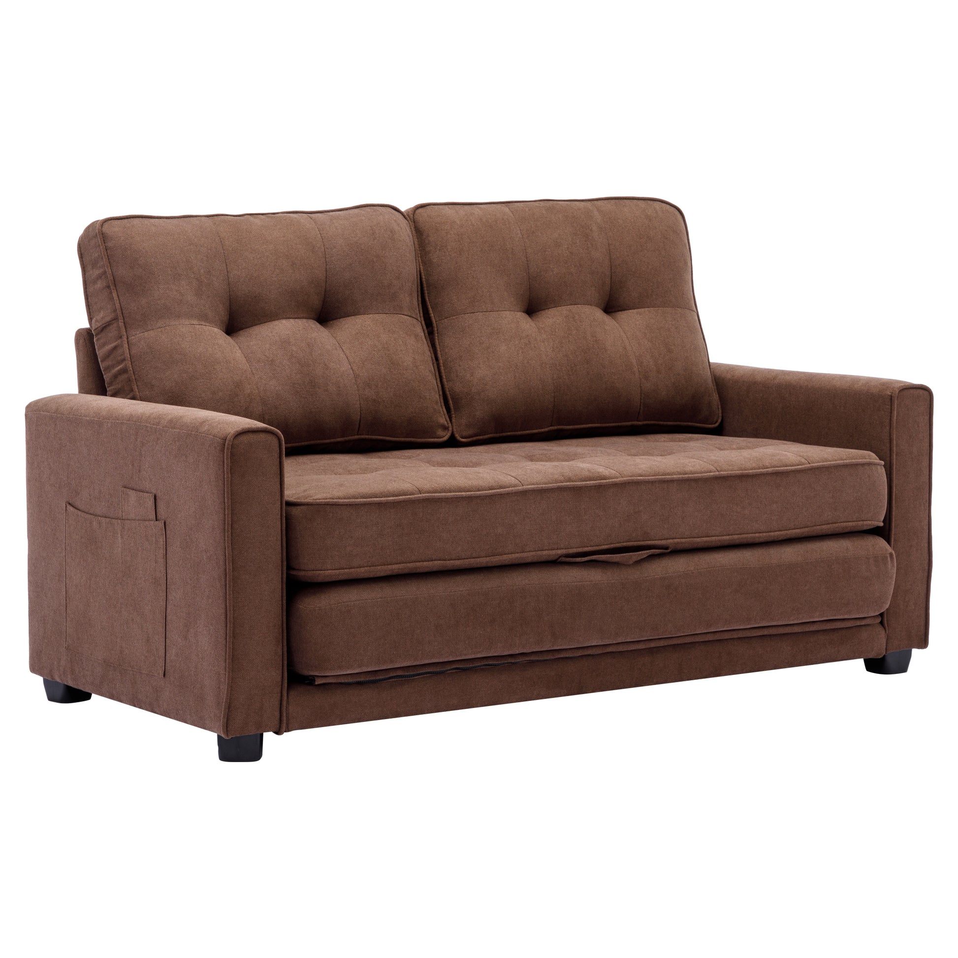 59.4" Loveseat Sofa With Pull Out Bed Modern Upholstered Couch With Side Pocket For Living Room Office, Brown Brown Chenille