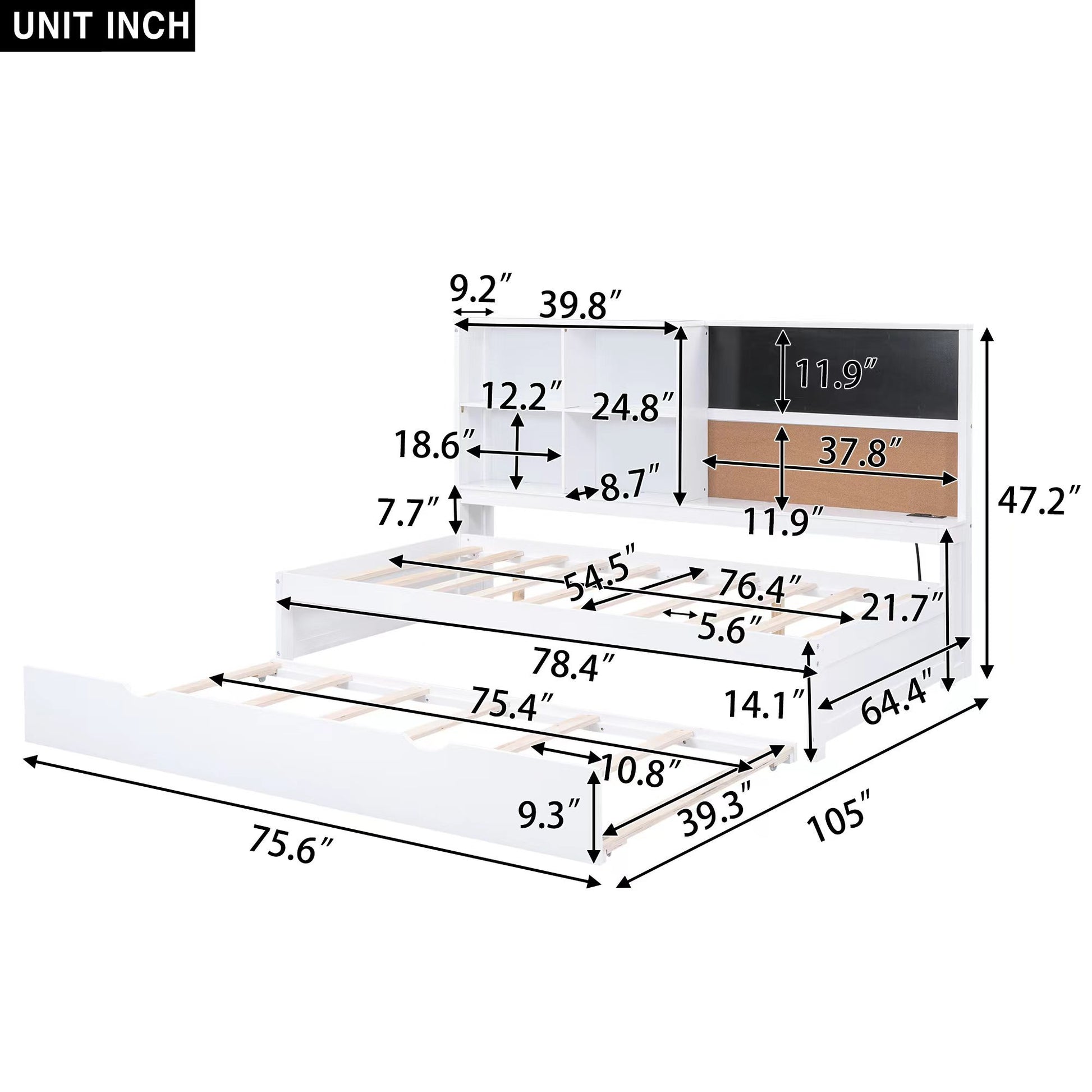 Full Size Daybed With Storage Shelves, Blackboard, Cork Board, Usb Ports And Twin Size Trundle, White Box Spring Not Required Full White Wood Pine Daybeds Solid Wood Mdf