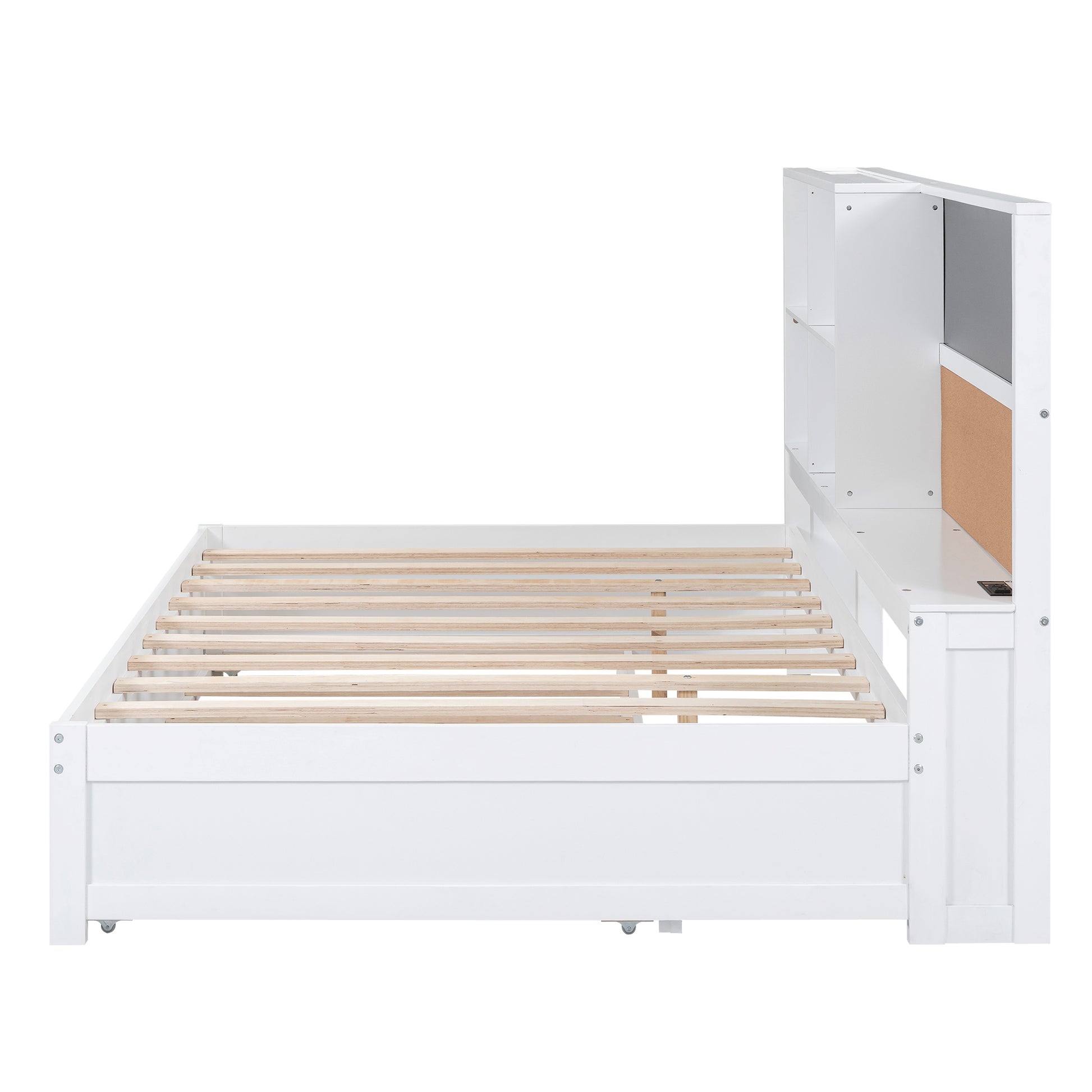 Full Size Daybed With Storage Shelves, Blackboard, Cork Board, Usb Ports And Twin Size Trundle, White Box Spring Not Required Full White Wood Pine Daybeds Solid Wood Mdf