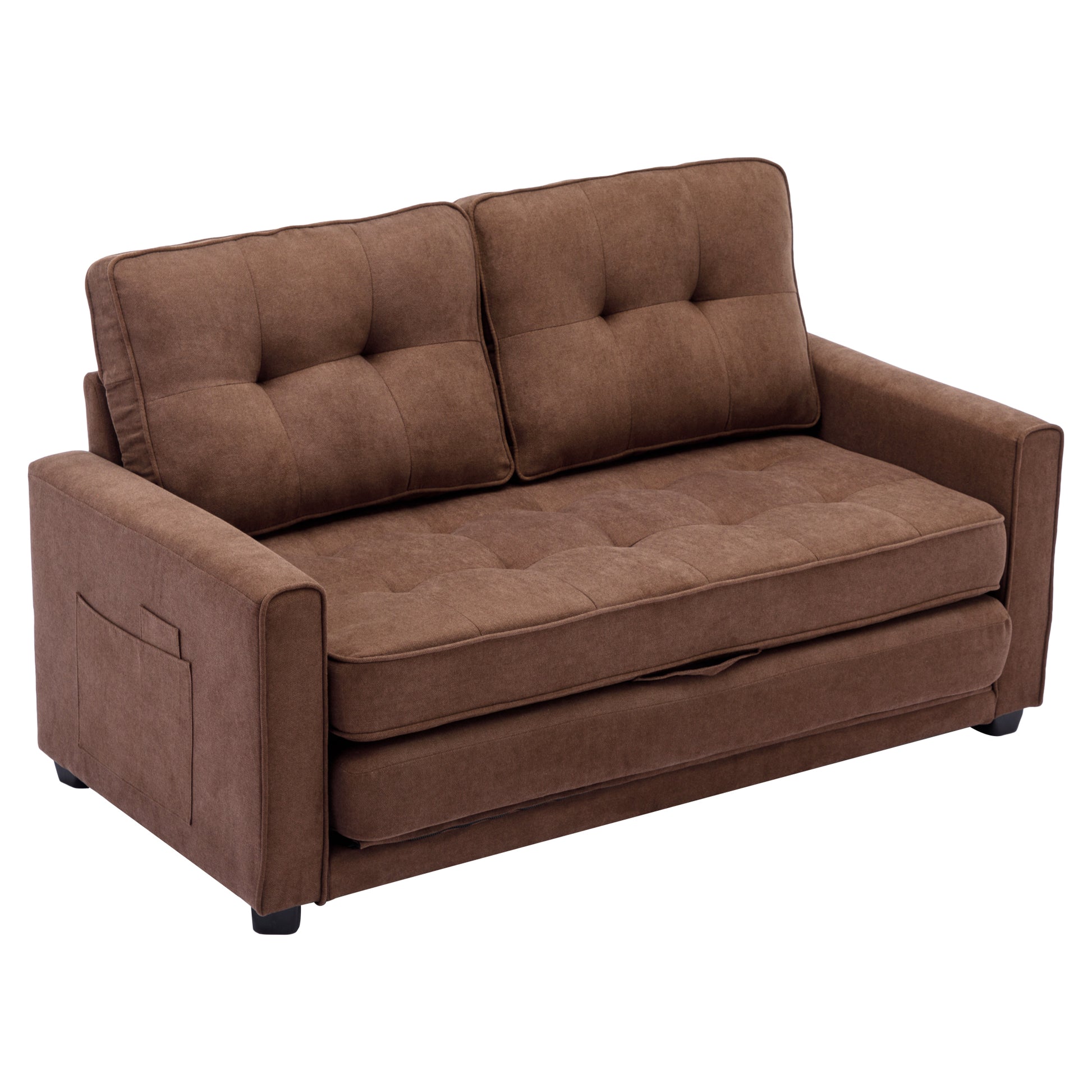 59.4" Loveseat Sofa With Pull Out Bed Modern Upholstered Couch With Side Pocket For Living Room Office, Brown Brown Chenille