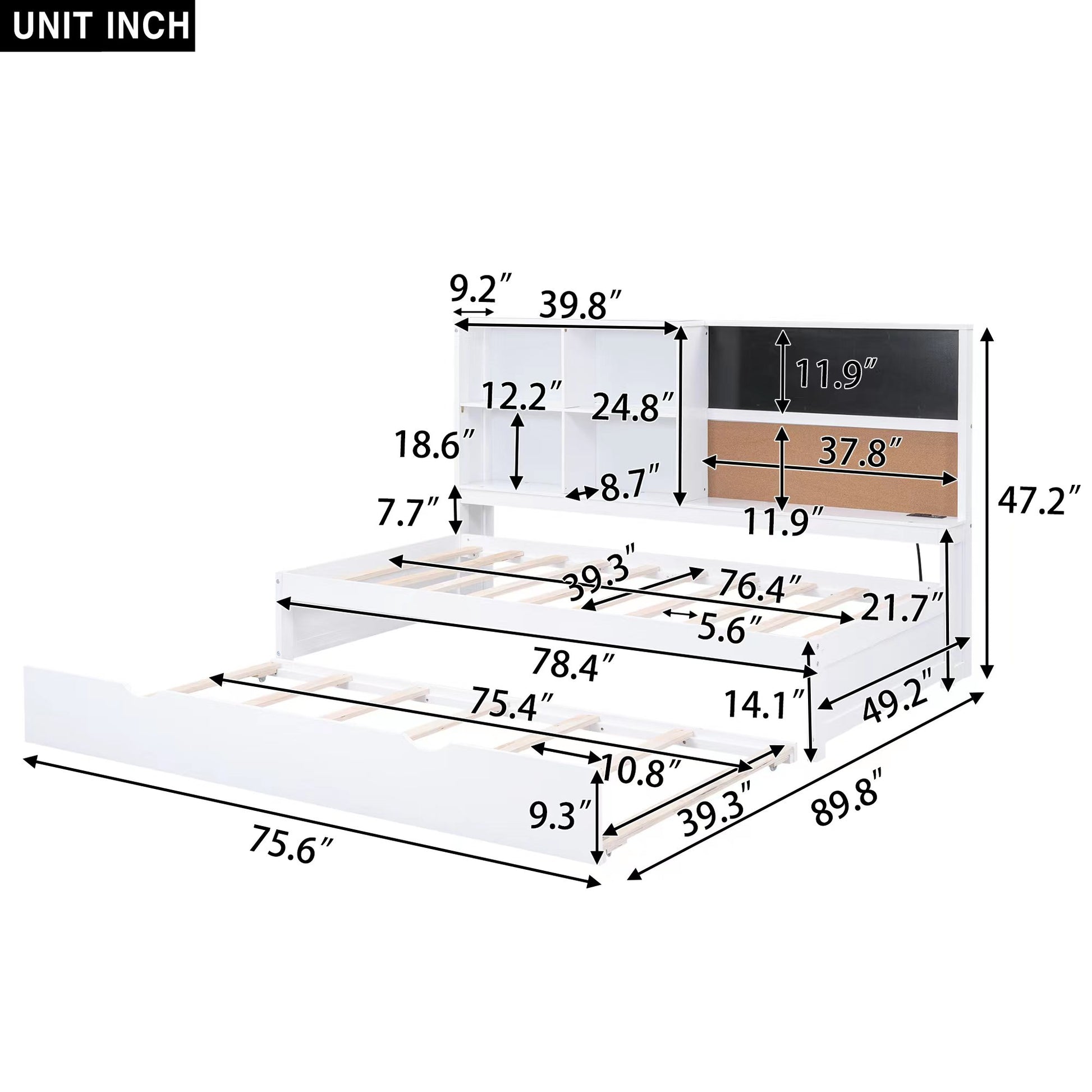 Twin Size Daybed With Storage Shelves, Blackboard, Cork Board, Usb Ports And Twin Size Trundle, White Box Spring Not Required Twin White Wood Pine Daybeds Solid Wood Mdf