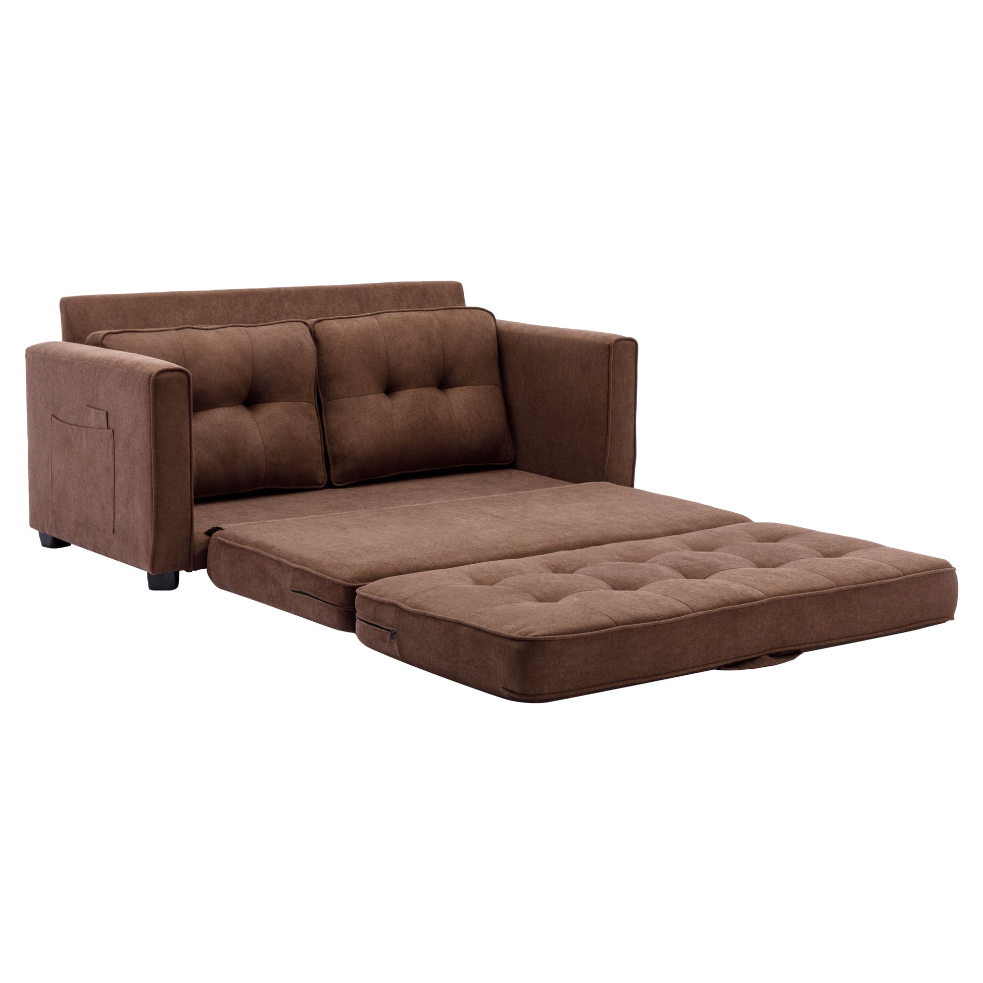 59.4" Loveseat Sofa With Pull Out Bed Modern Upholstered Couch With Side Pocket For Living Room Office, Brown Brown Chenille