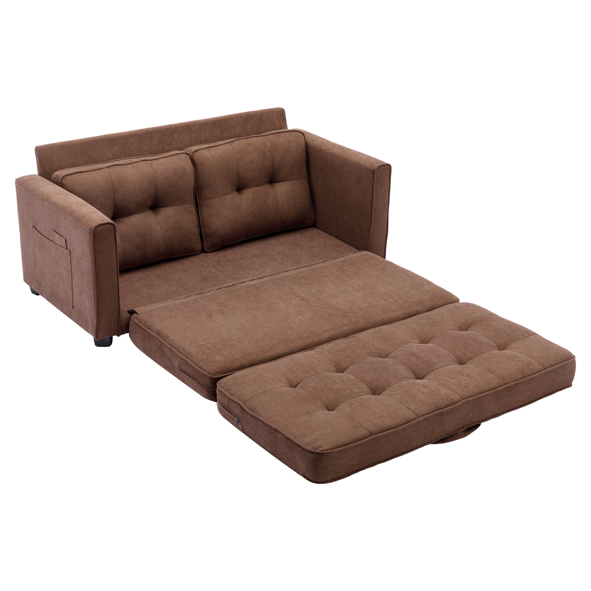 59.4" Loveseat Sofa With Pull Out Bed Modern Upholstered Couch With Side Pocket For Living Room Office, Brown Brown Chenille