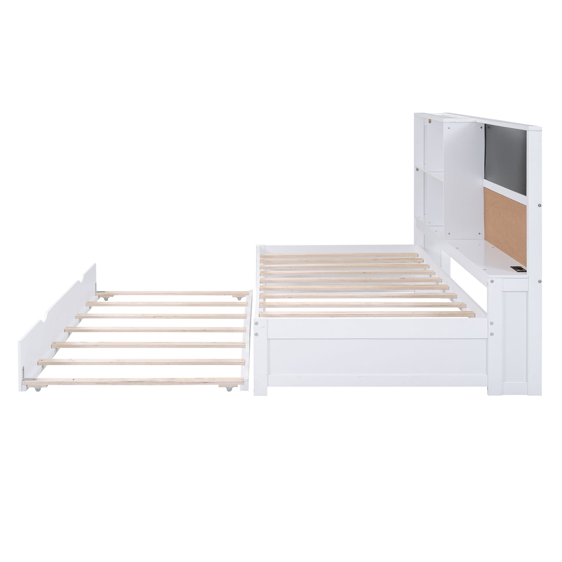 Twin Size Daybed With Storage Shelves, Blackboard, Cork Board, Usb Ports And Twin Size Trundle, White Box Spring Not Required Twin White Wood Pine Daybeds Solid Wood Mdf