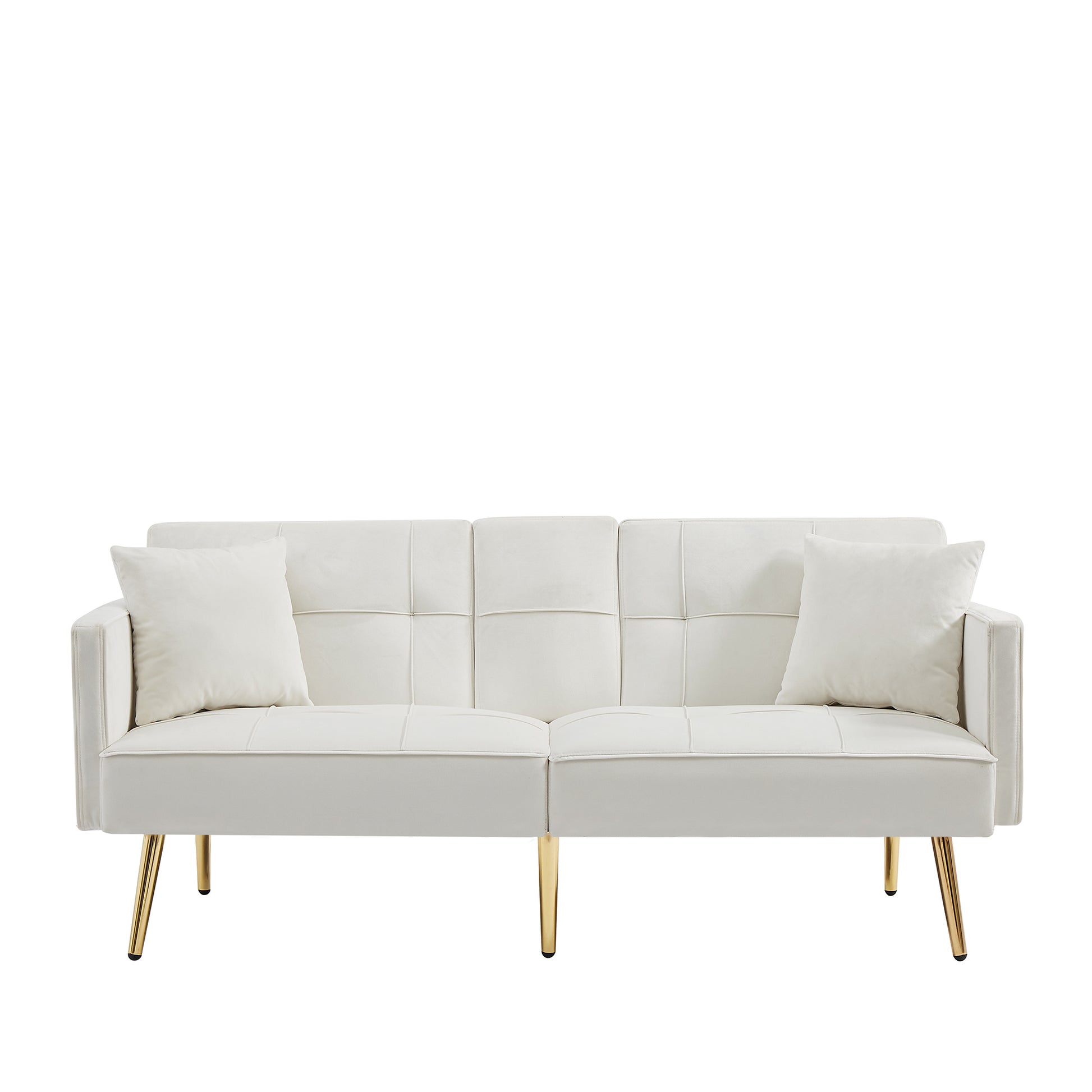 Cream White Velvet Futon Sofa Bed With Gold Metal Legs Cream White Velvet Wood Tufted Back Eucalyptus Square Arms Foam Velvet 2 Seat