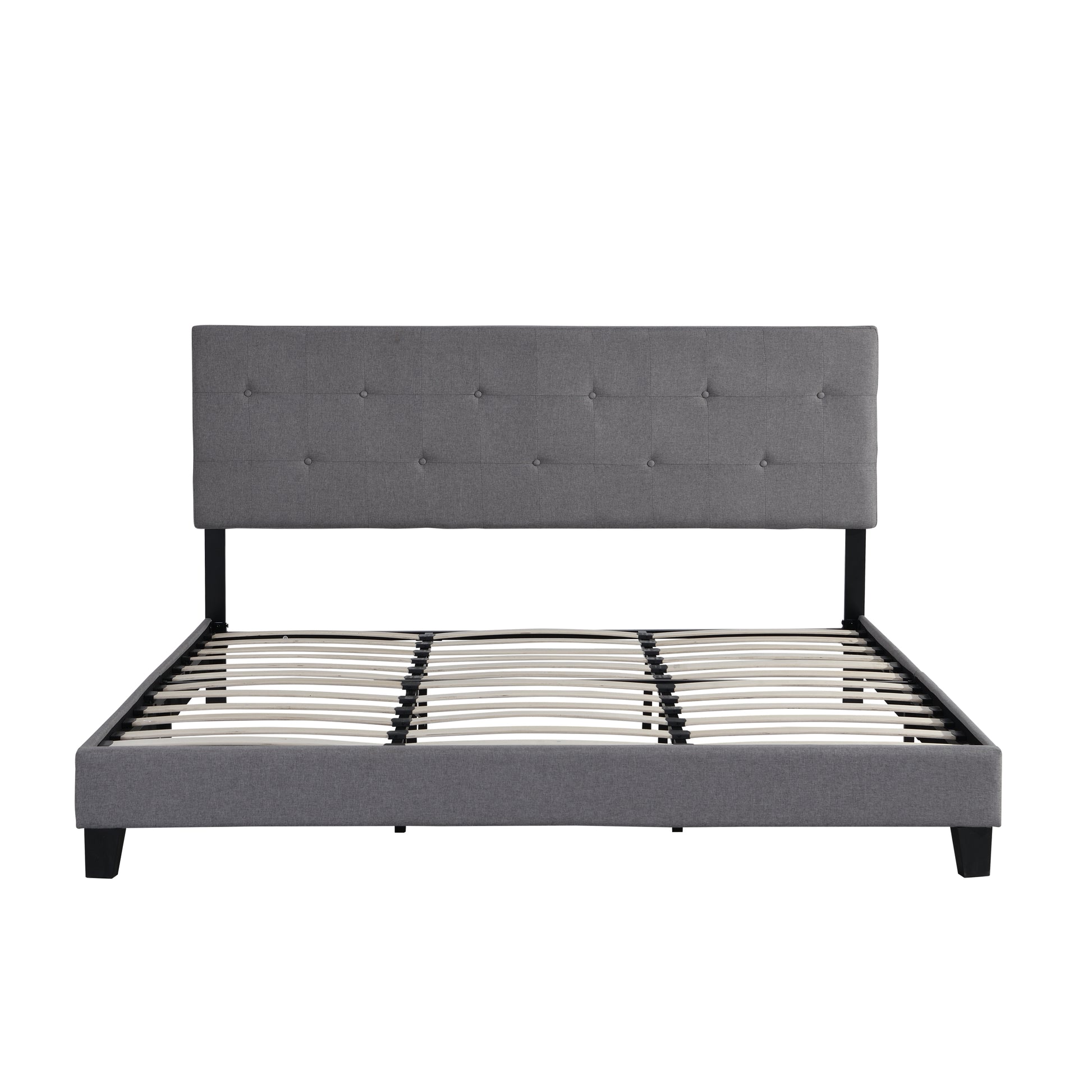 King Size Upholstered Platform Bed Frame With Button Tufted Linen Fabric Headboard, No Box Spring Needed, Wood Slat Support, Easy Assembly, Gray Grey Fabric
