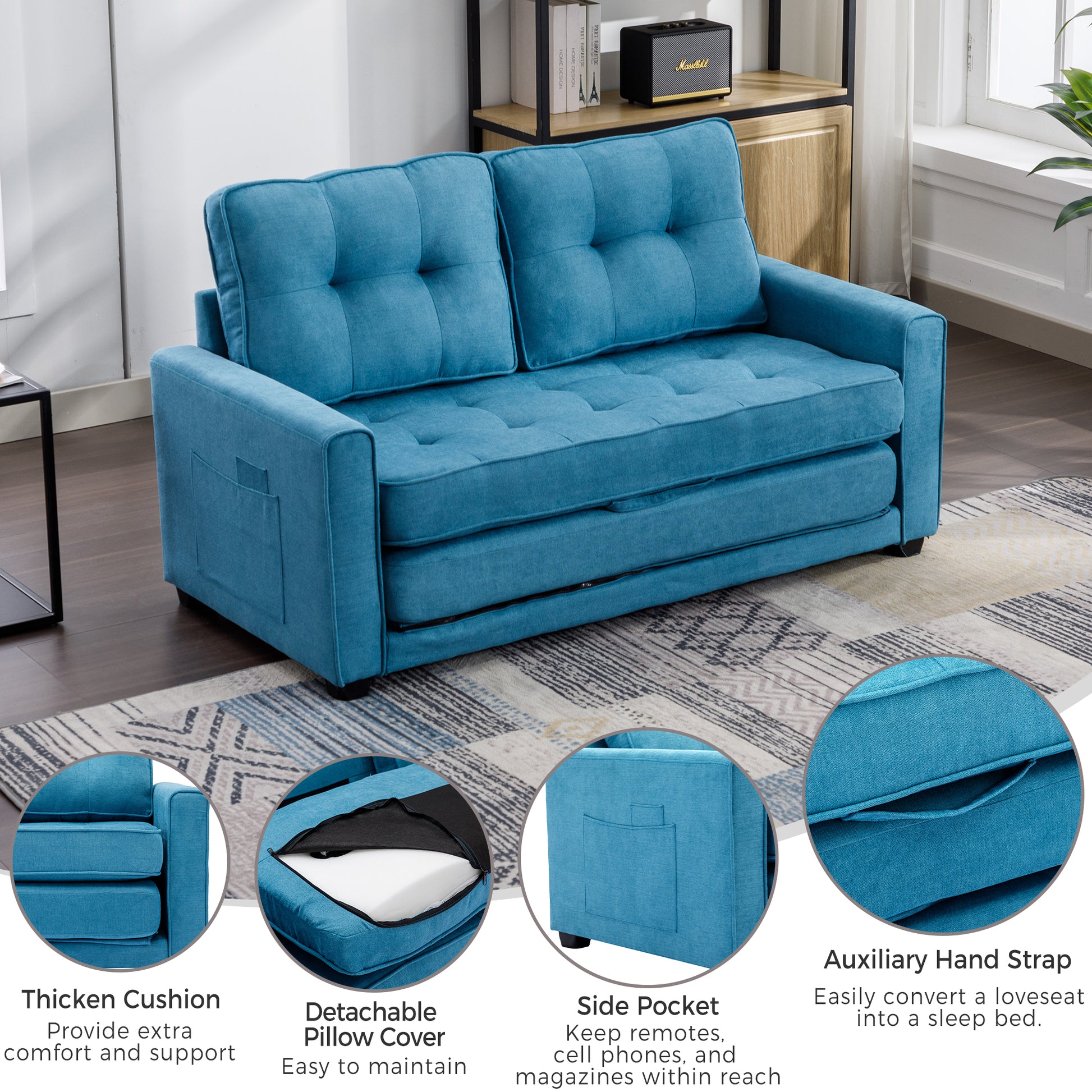 59.4" Loveseat Sofa With Pull Out Bed Modern Upholstered Couch With Side Pocket For Living Room Office, Blue Blue Chenille