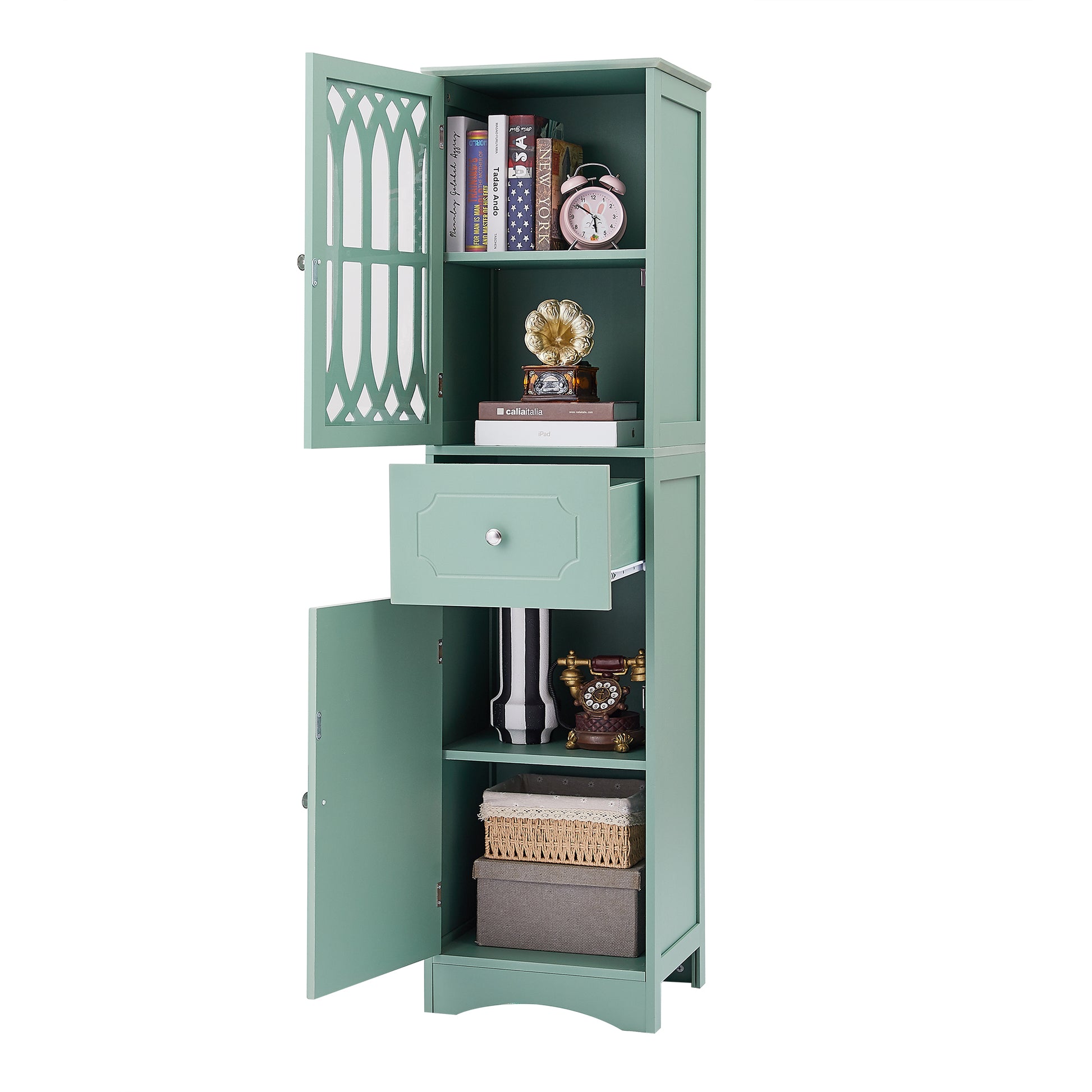 Tall Bathroom Cabinet, Freestanding Storage Cabinet With Drawer And Doors, Mdf Board, Acrylic Door, Adjustable Shelf, Green Green Mdf