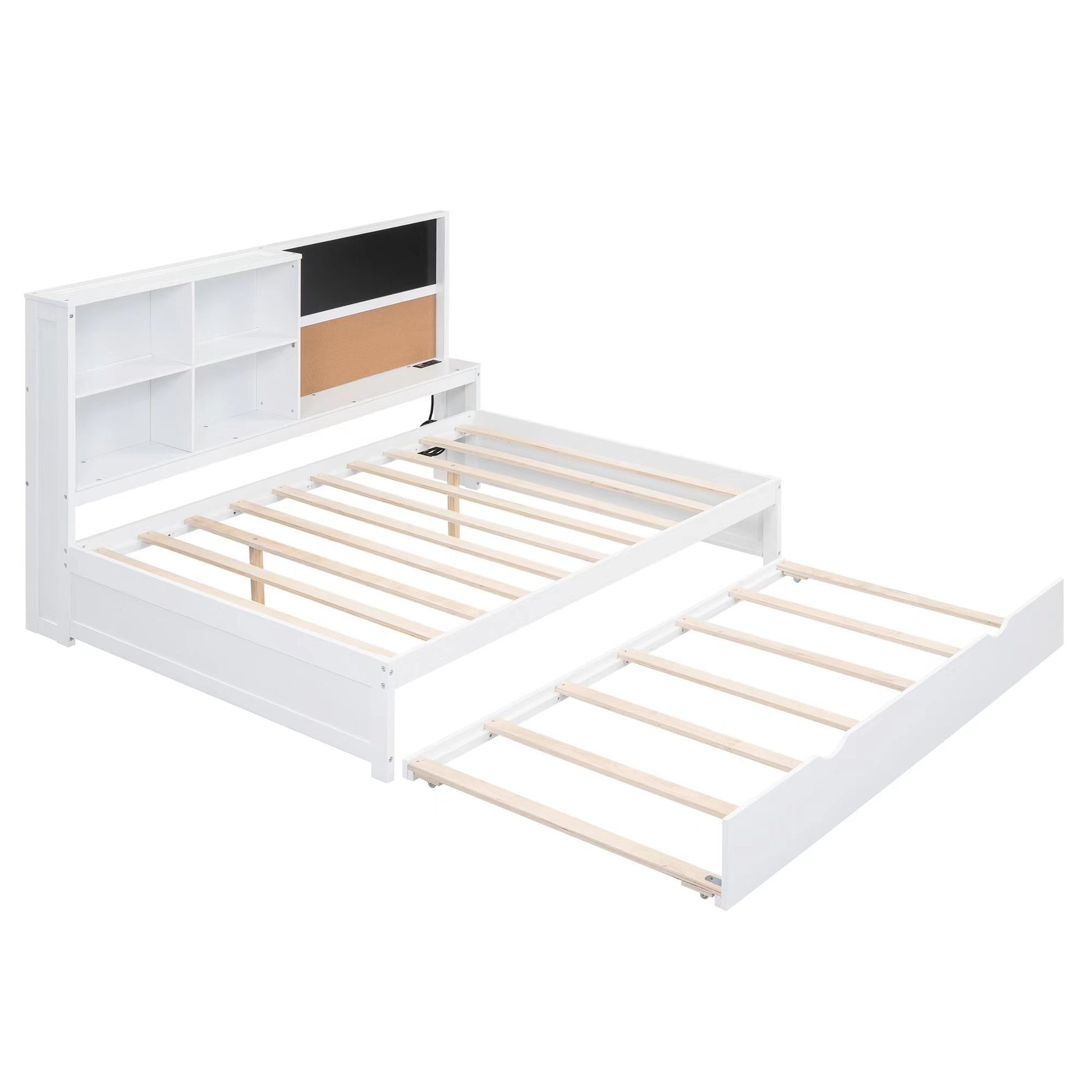 Full Size Daybed With Storage Shelves, Blackboard, Cork Board, Usb Ports And Twin Size Trundle, White Box Spring Not Required Full White Wood Pine Daybeds Solid Wood Mdf