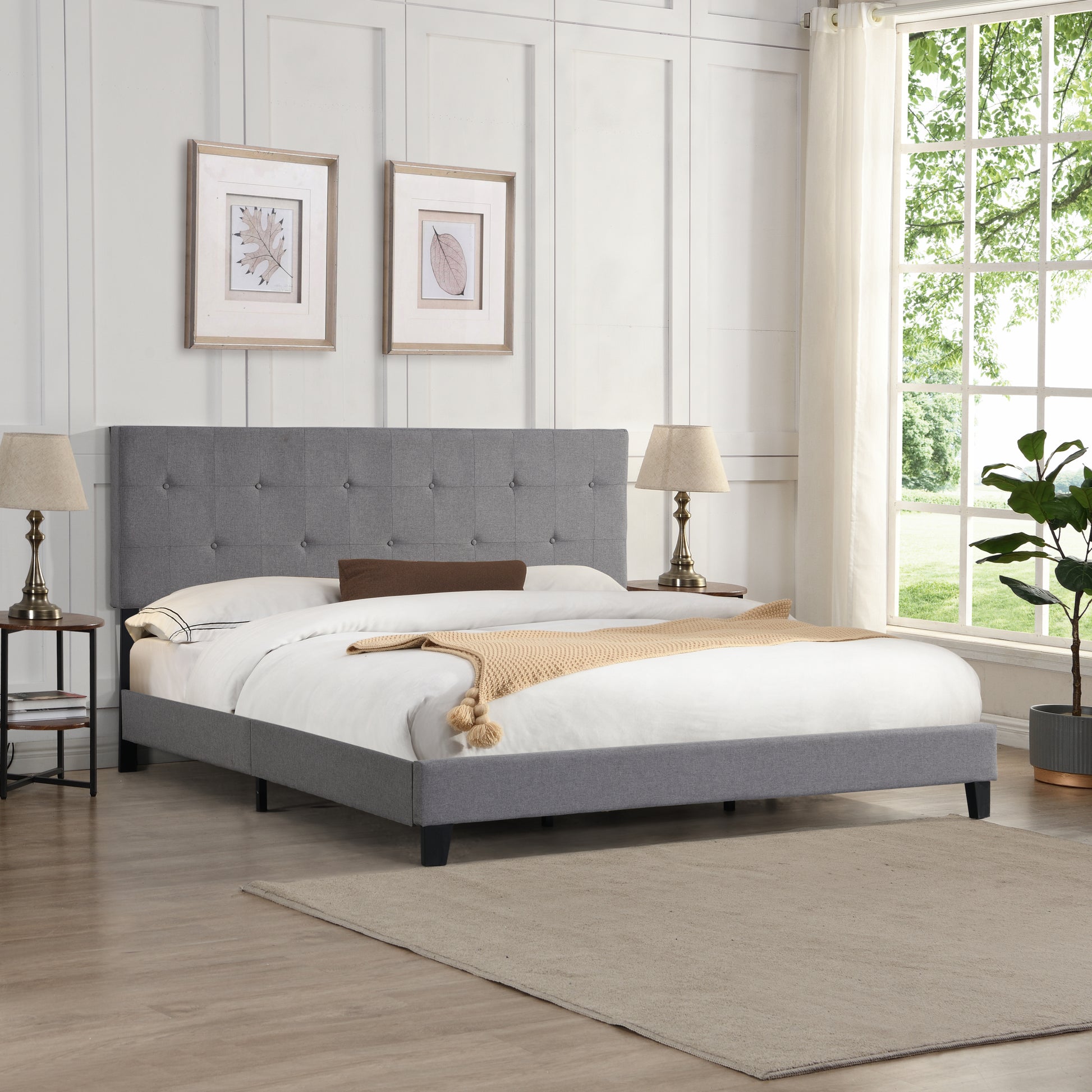 King Size Upholstered Platform Bed Frame With Button Tufted Linen Fabric Headboard, No Box Spring Needed, Wood Slat Support, Easy Assembly, Gray Grey Fabric