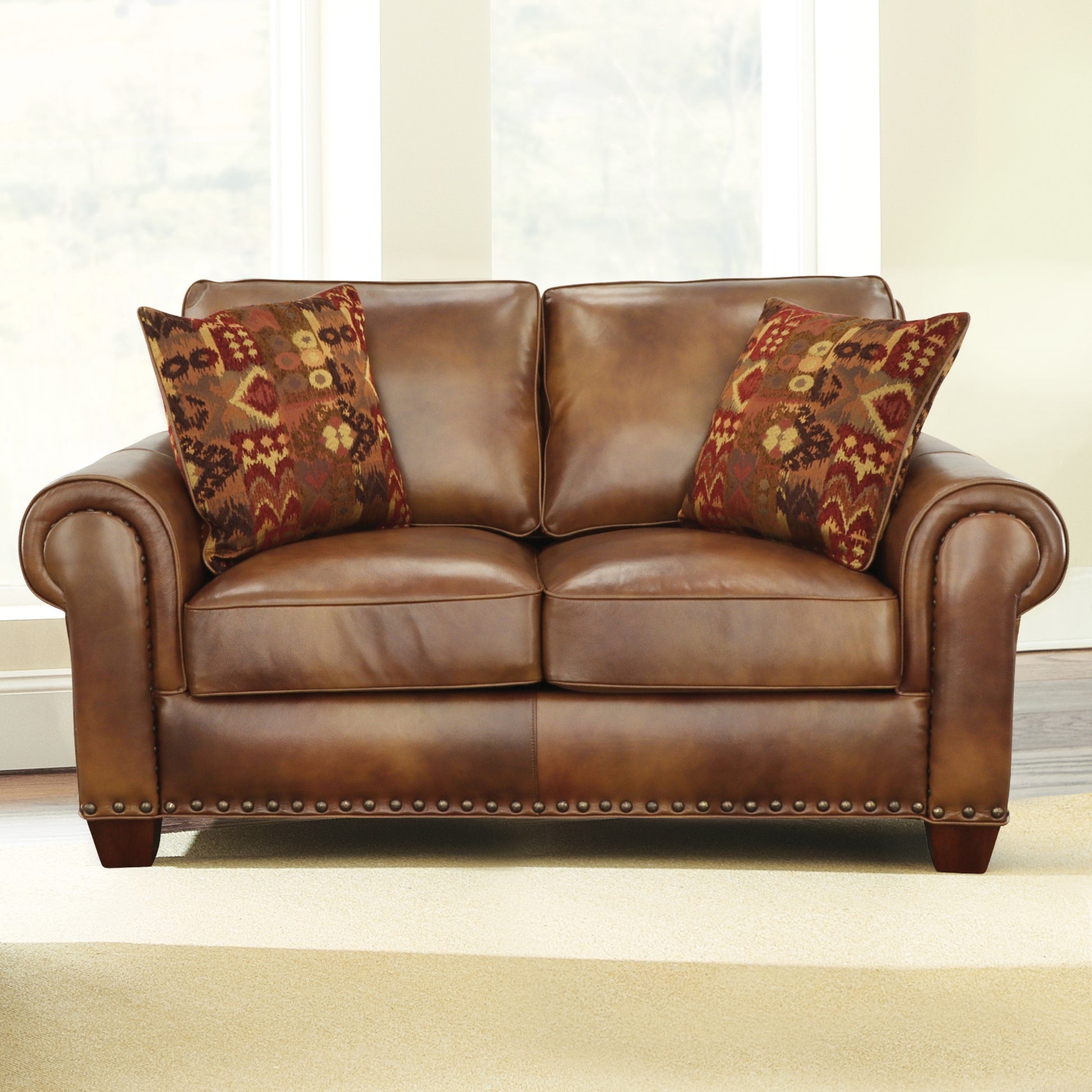 Rustic Leather Collection Loveseat Premium Construction, Nail Head Trim Maximum Comfort And Style Tan Foam Leather