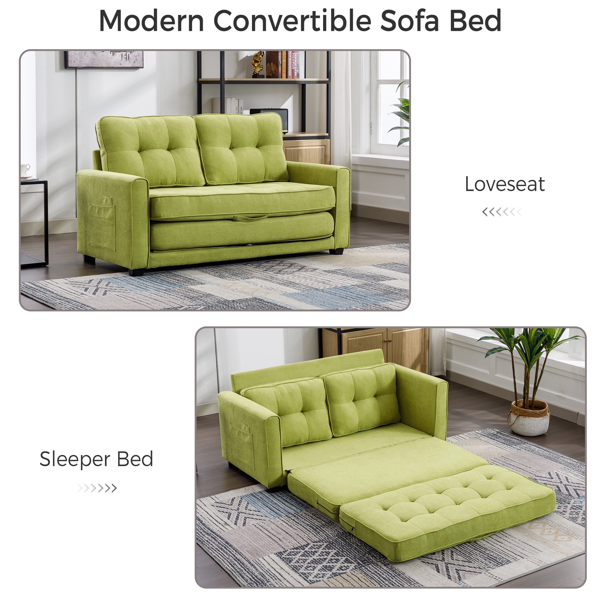 59.4" Loveseat Sofa With Pull Out Bed Modern Upholstered Couch With Side Pocket For Living Room Office, Green Green Chenille